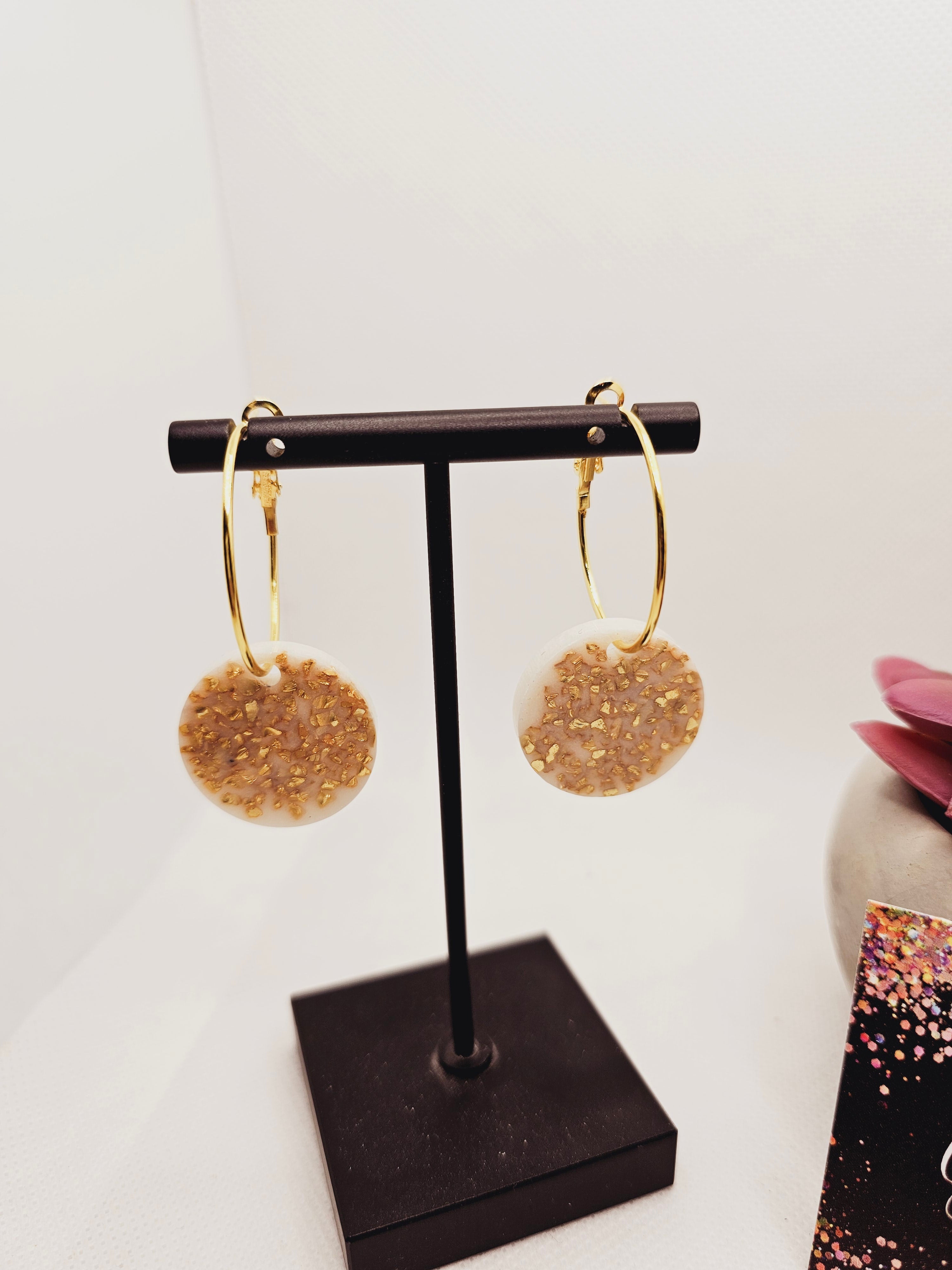 1781 Pearl White Resin with Gold Crushed Glass on Gold Hoops