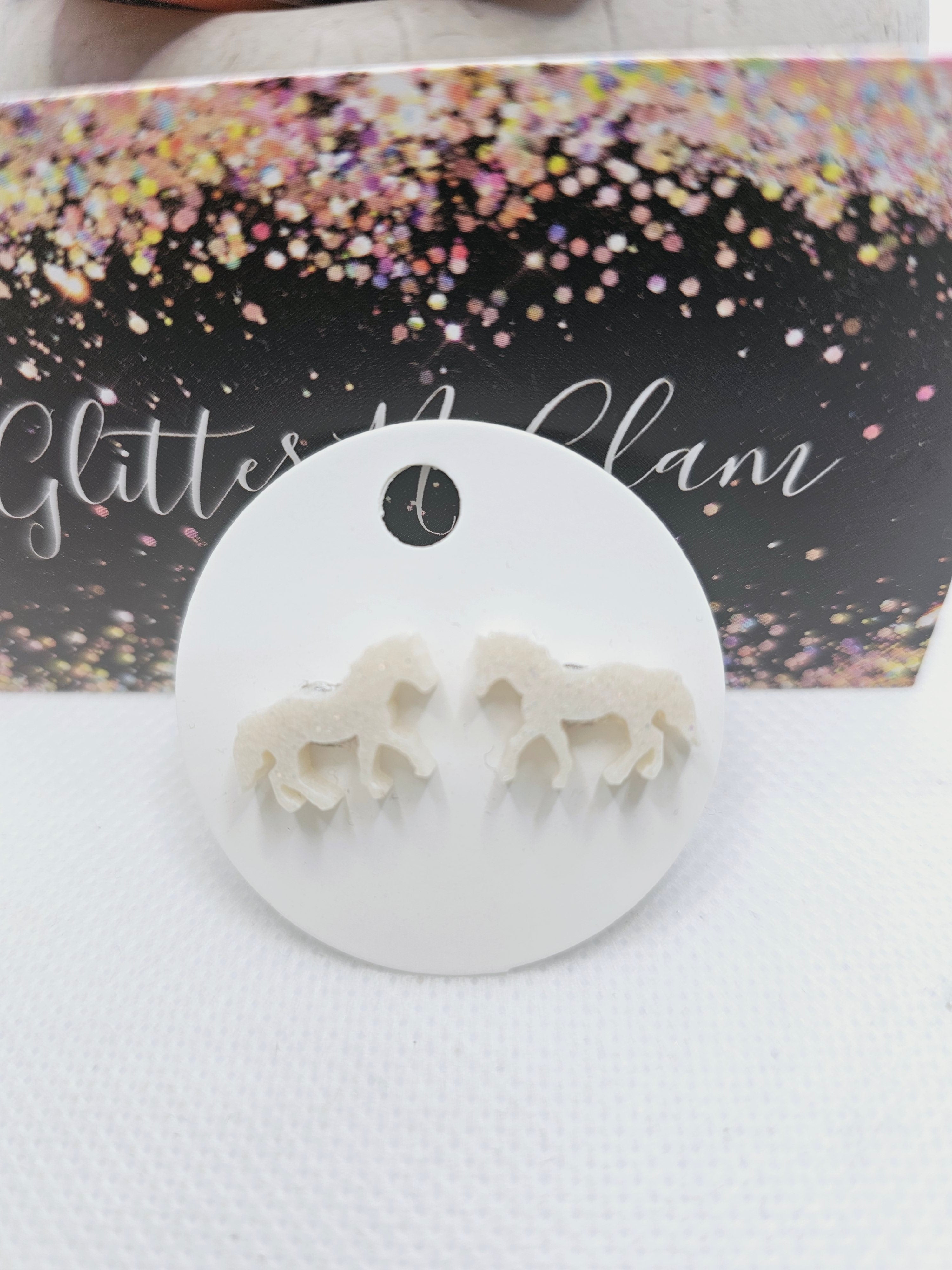 1757 White Sparkly Resin Horse Stud Earrings