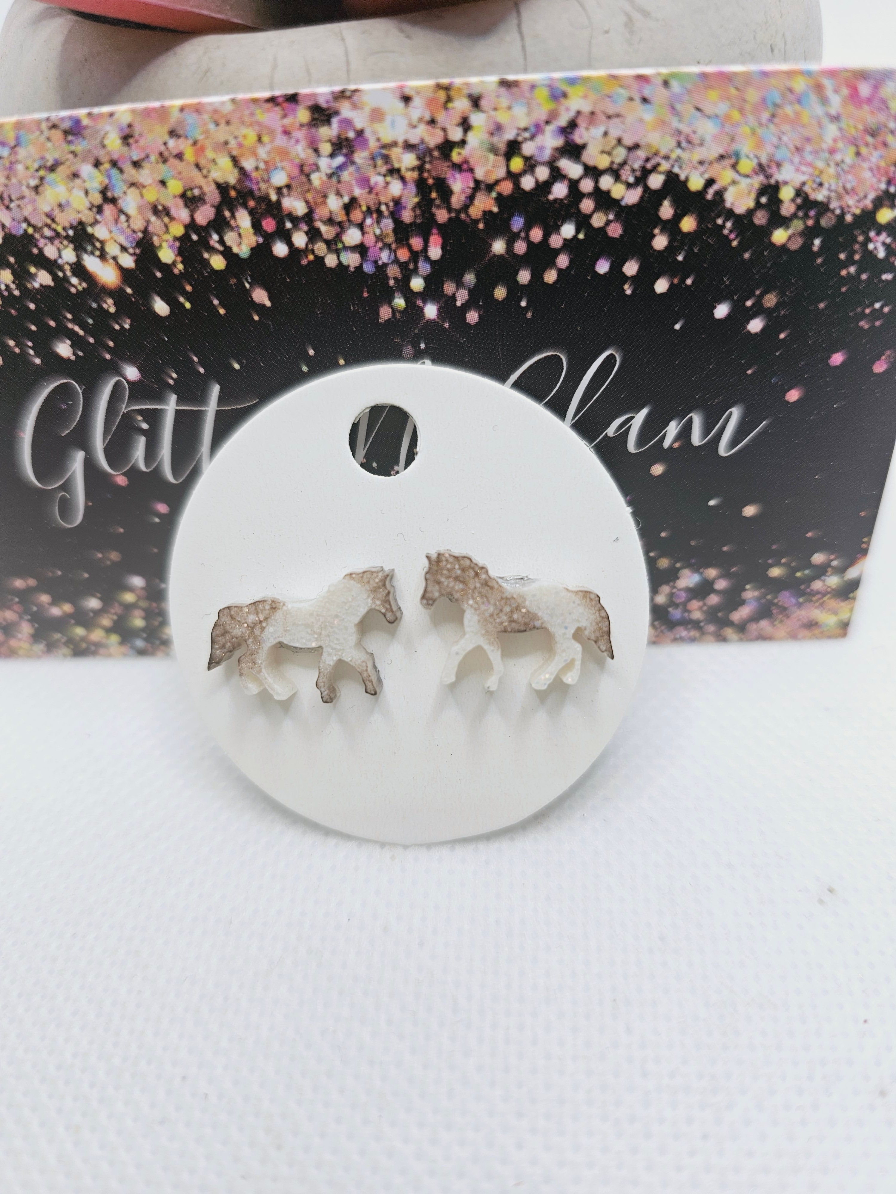 1756 Brown/White Sparkly Resin Painted Horse Stud Earrings