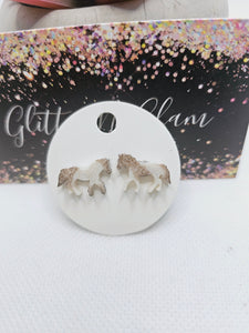 1756 Brown/White Sparkly Resin Painted Horse Stud Earrings