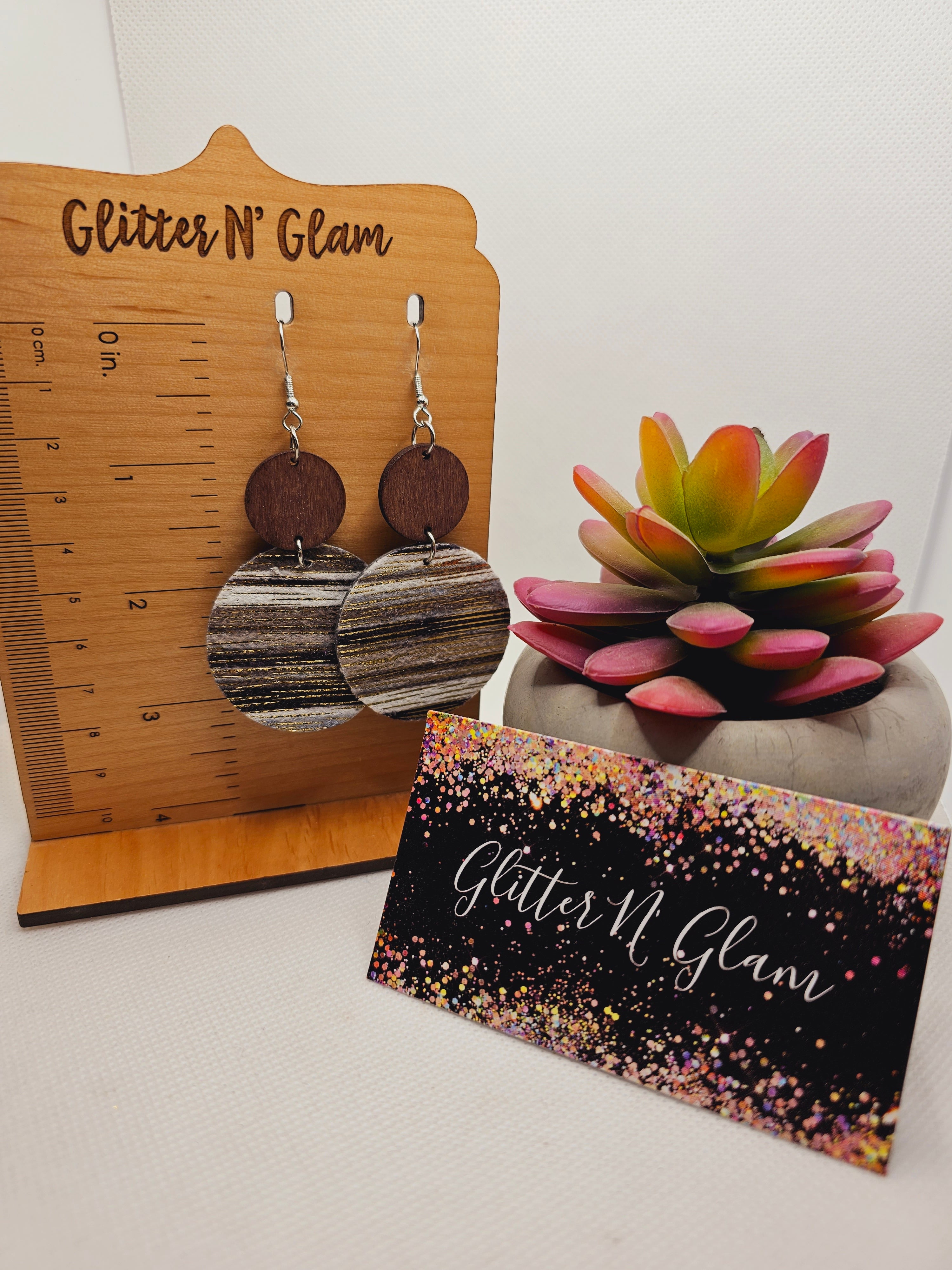 1803 Striped Circle Leather with Wood Accent Dangle Earrings