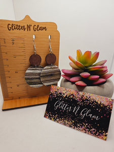 1803 Striped Circle Leather with Wood Accent Dangle Earrings
