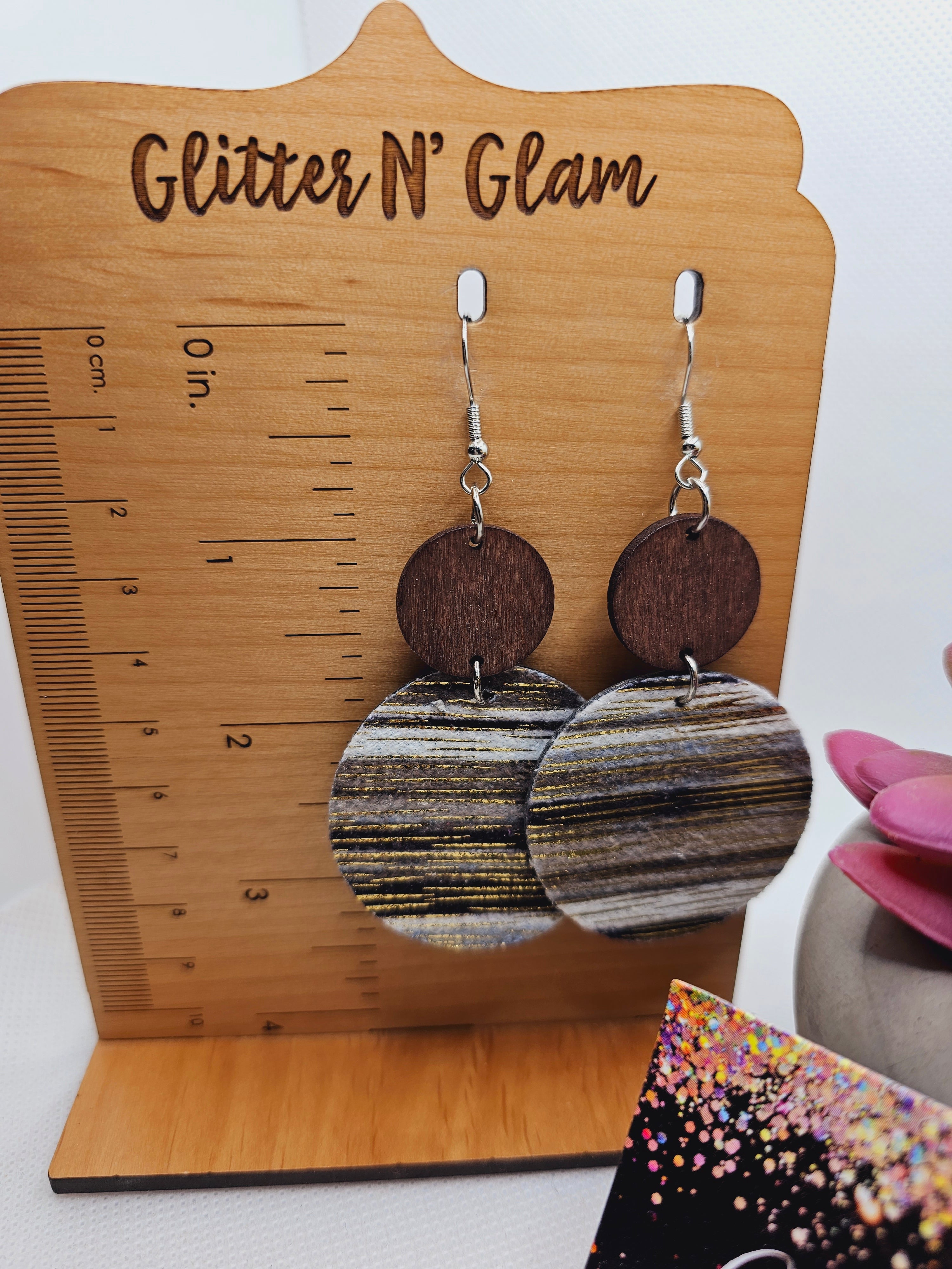 1803 Striped Circle Leather with Wood Accent Dangle Earrings
