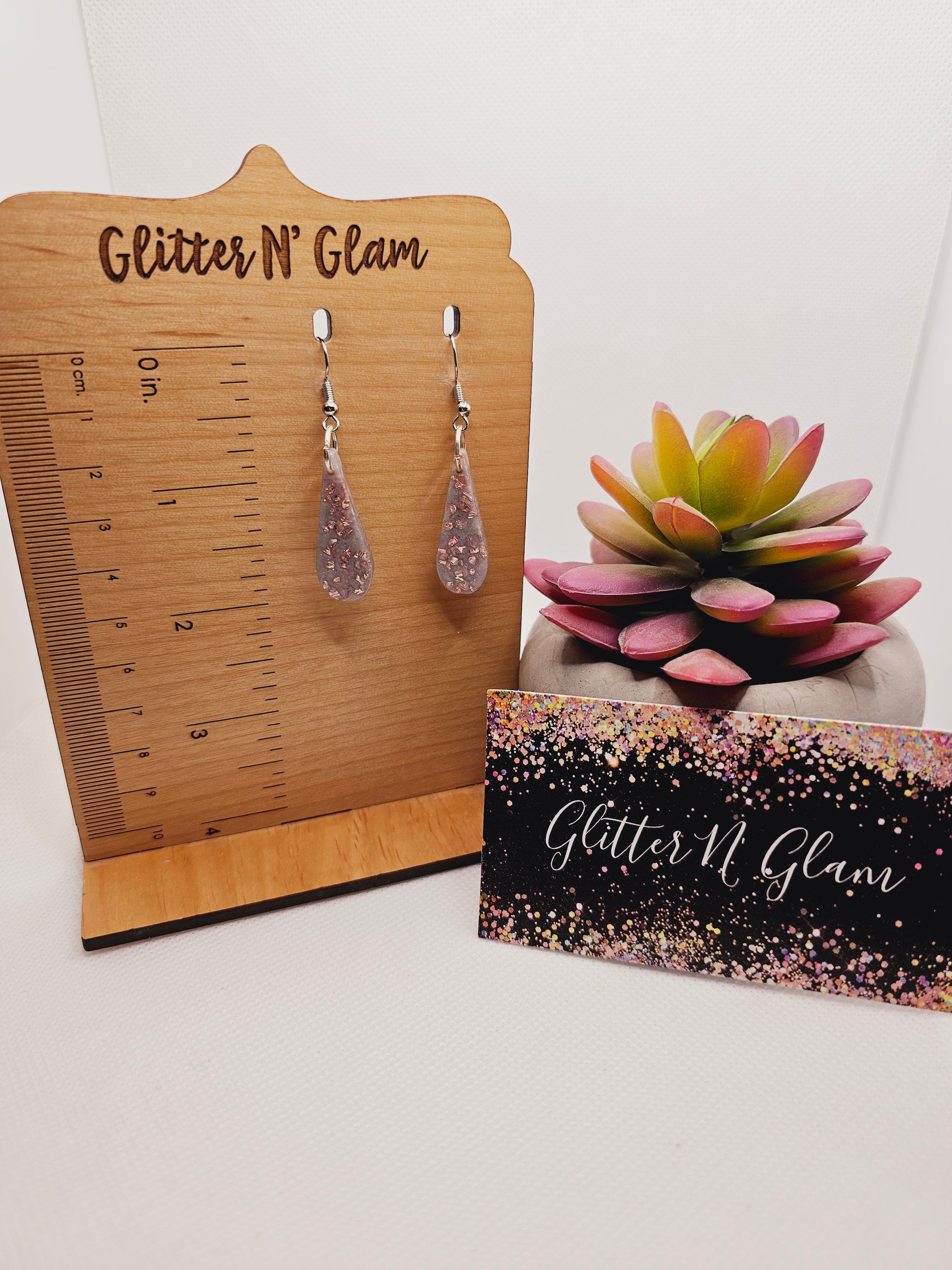 1821 Gray with Rosegold Crushed Glass Resin Dangle Earrings