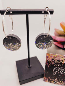 1800 Black with Silver Crushed Glass Resin Hoop Earrings