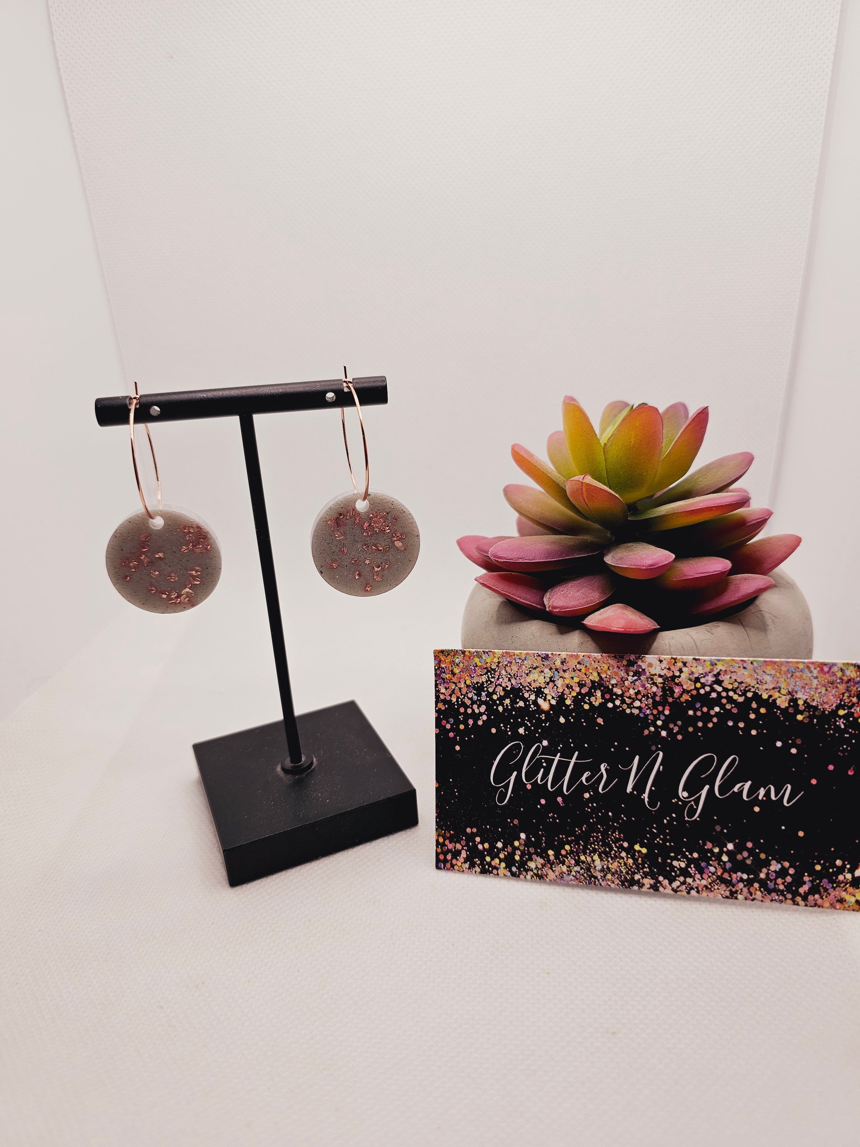 1820 Gray with Rosegold Crushed Glass Resin Hoop Earrings
