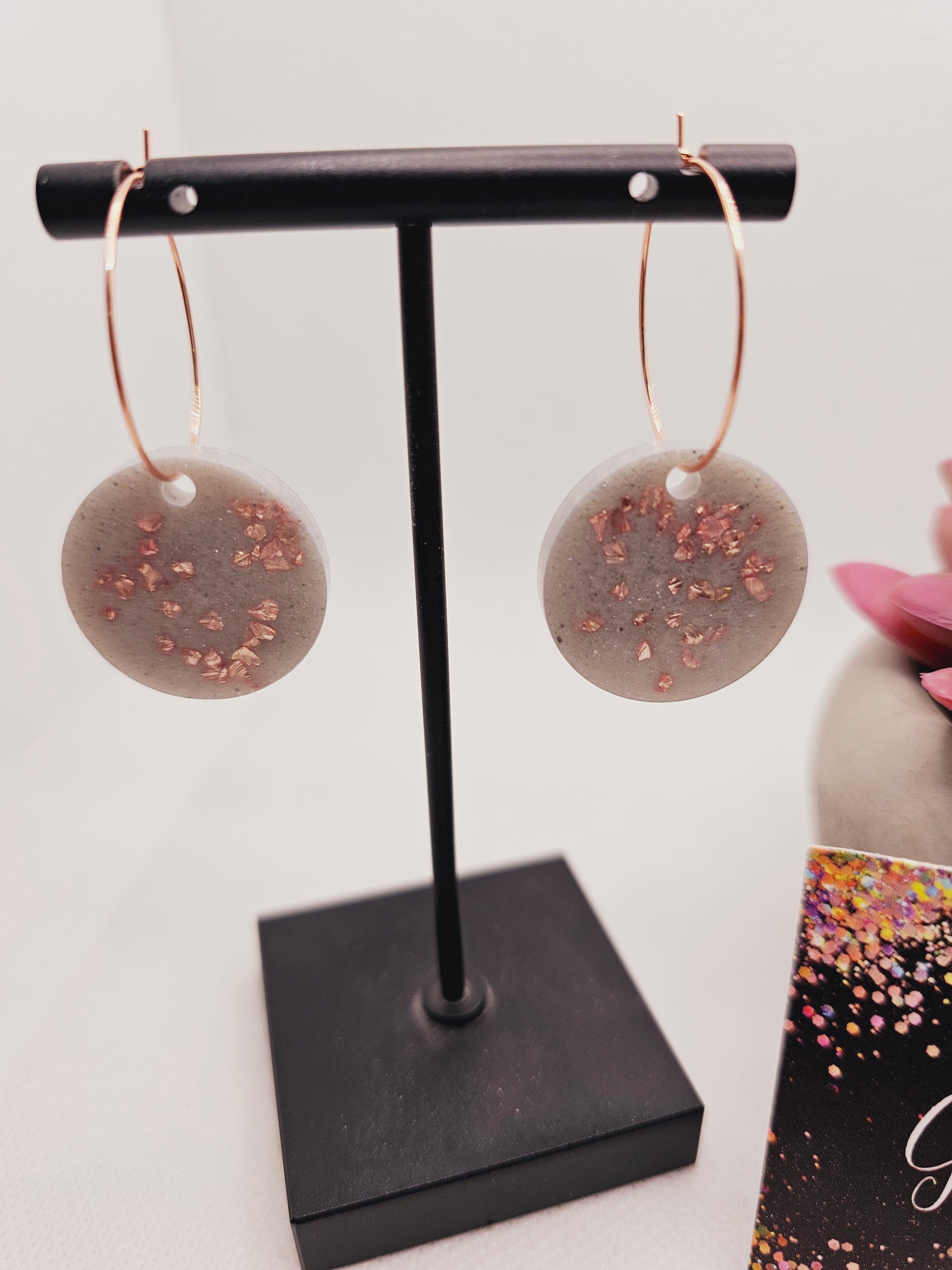 1820 Gray with Rosegold Crushed Glass Resin Hoop Earrings