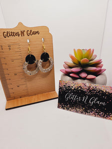 1842 Leather Black and Tan with Gold Sparkles Dangle Earrings