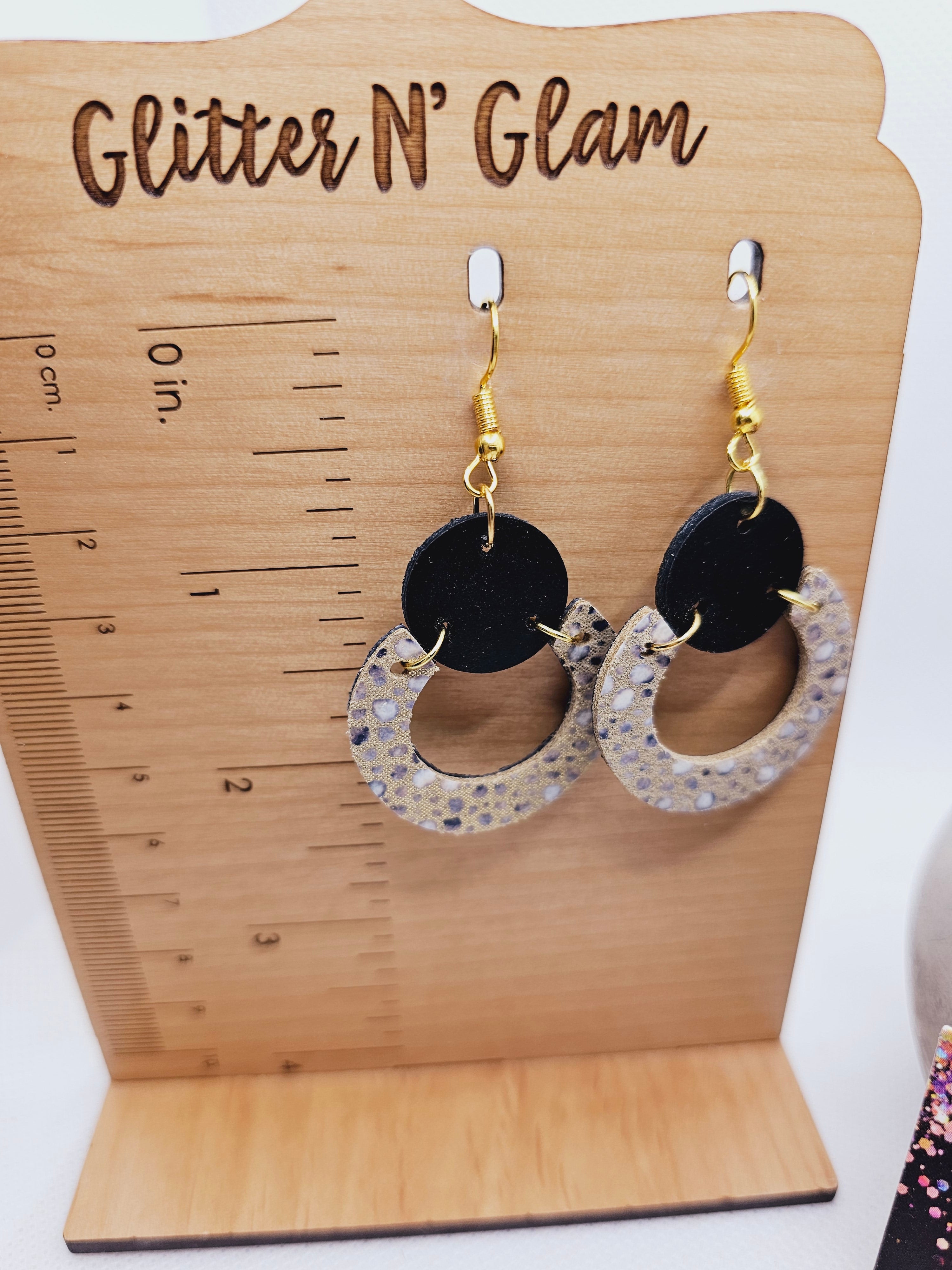1842 Leather Black and Tan with Gold Sparkles Dangle Earrings