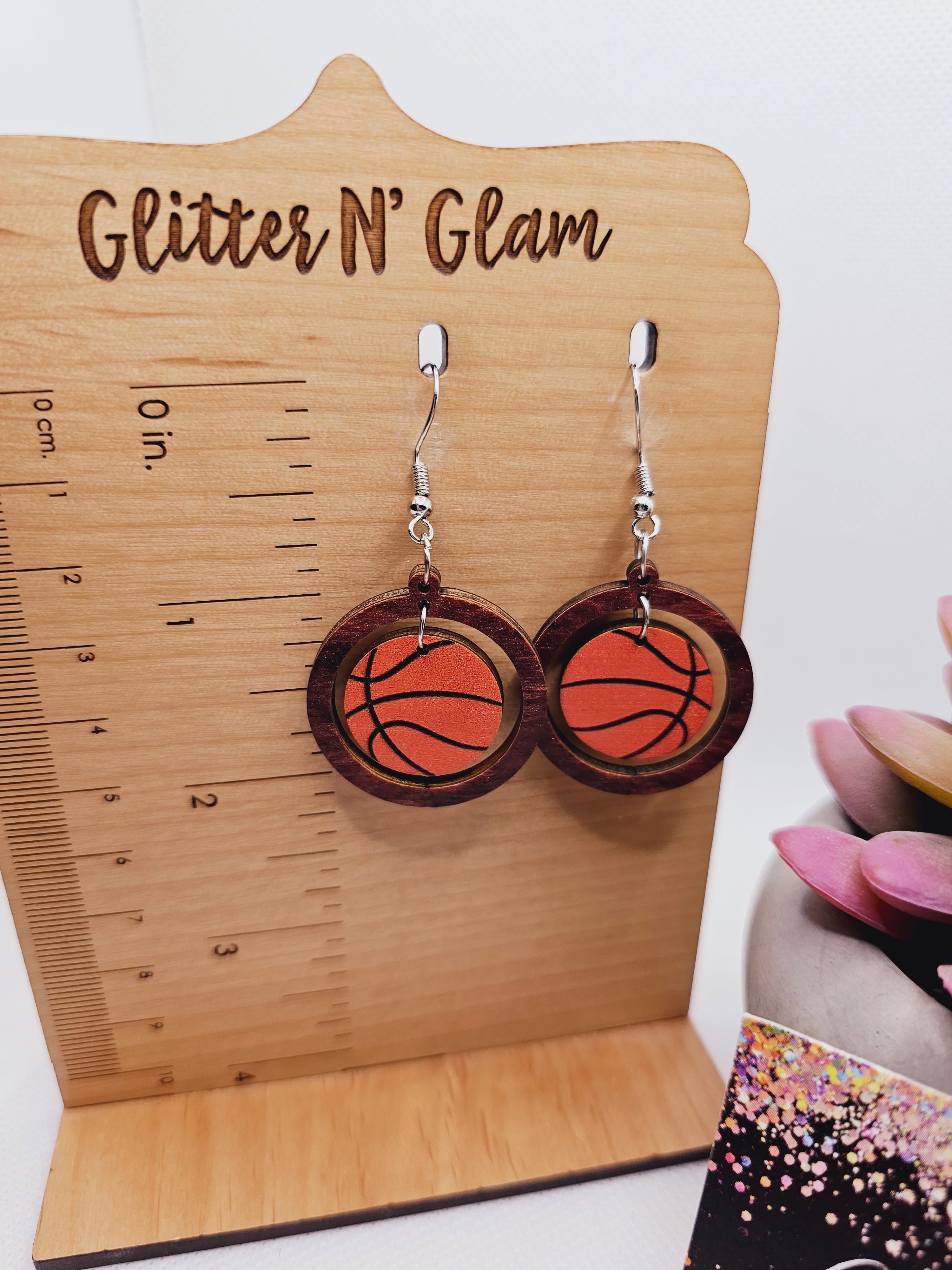 1861 Wooden Basketball Dangle Earrings