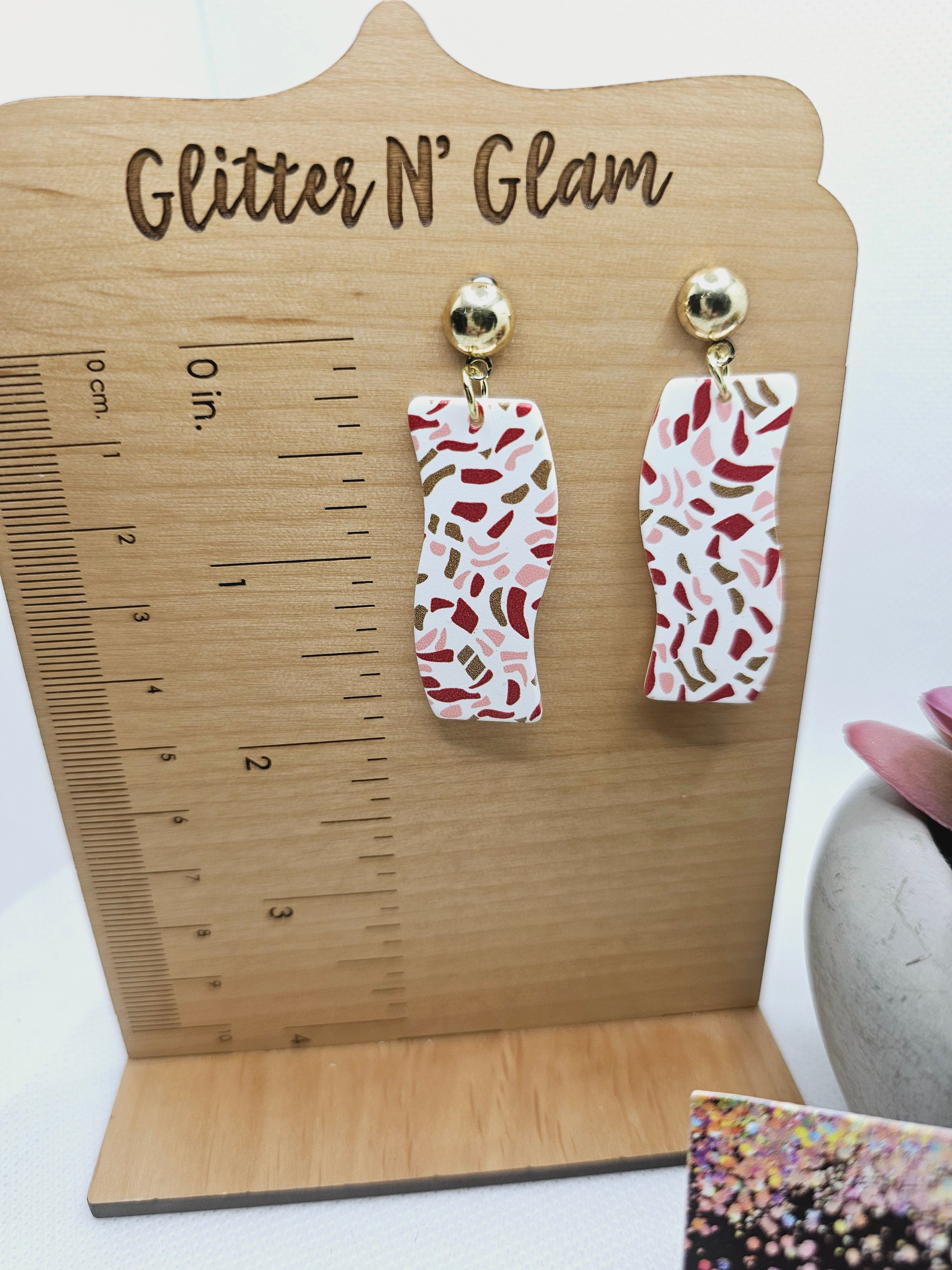 1895 Polymer Clay Red/Pink/Gold Dangle Earrings