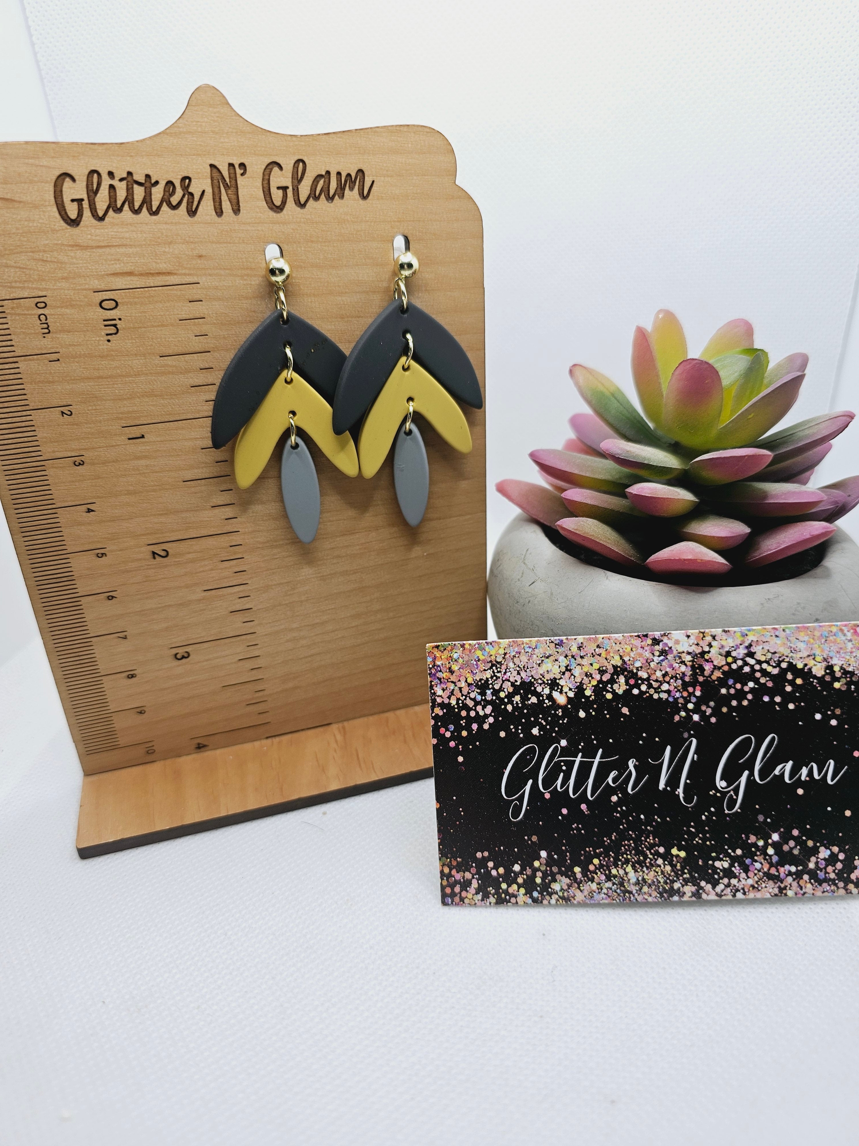 1872 Polymer Clay Dk Gray/Mustard Yellow/Gray Dangle Earrings