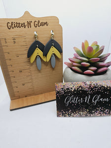 1872 Polymer Clay Dk Gray/Mustard Yellow/Gray Dangle Earrings