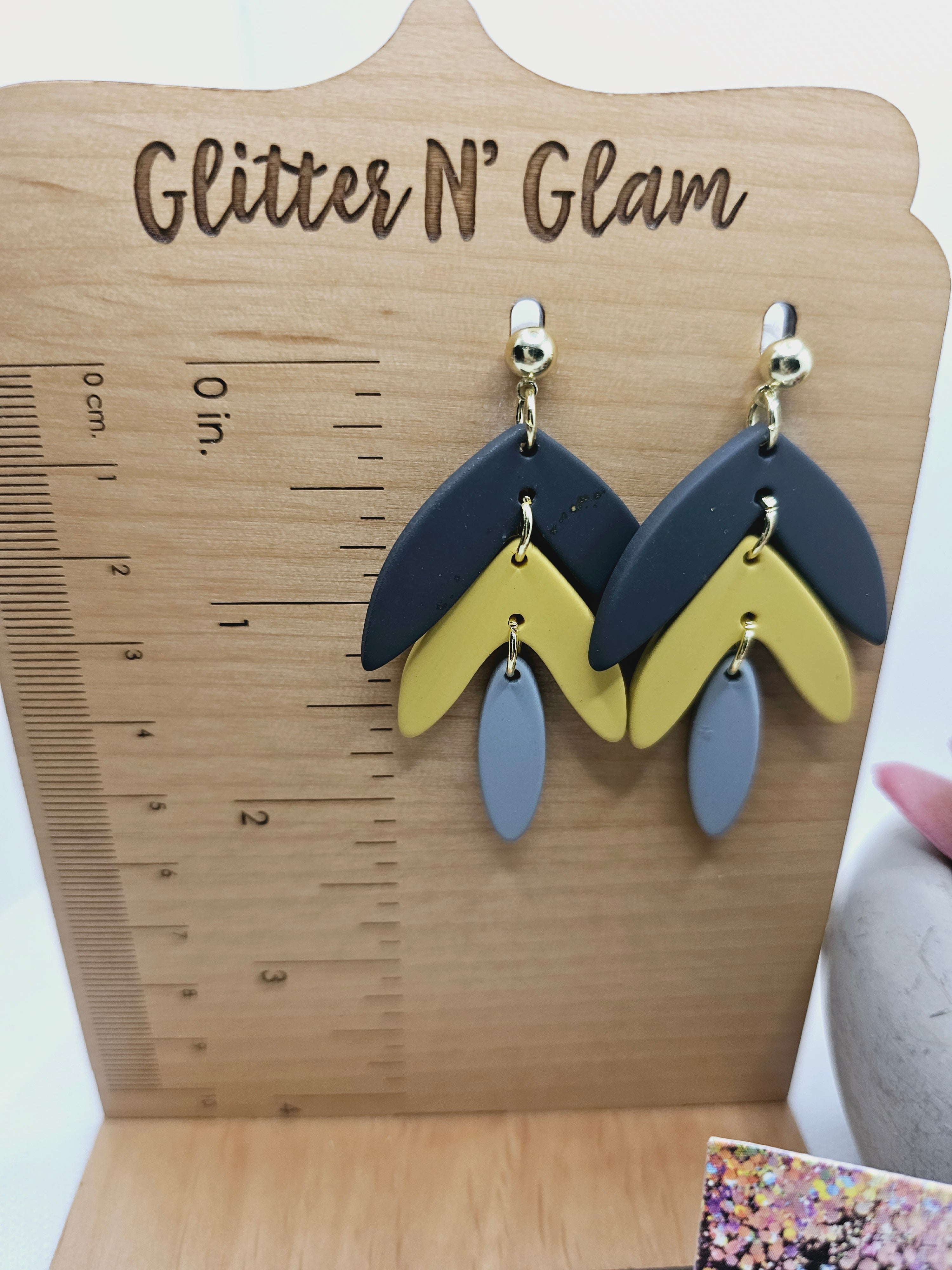 1872 Polymer Clay Dk Gray/Mustard Yellow/Gray Dangle Earrings