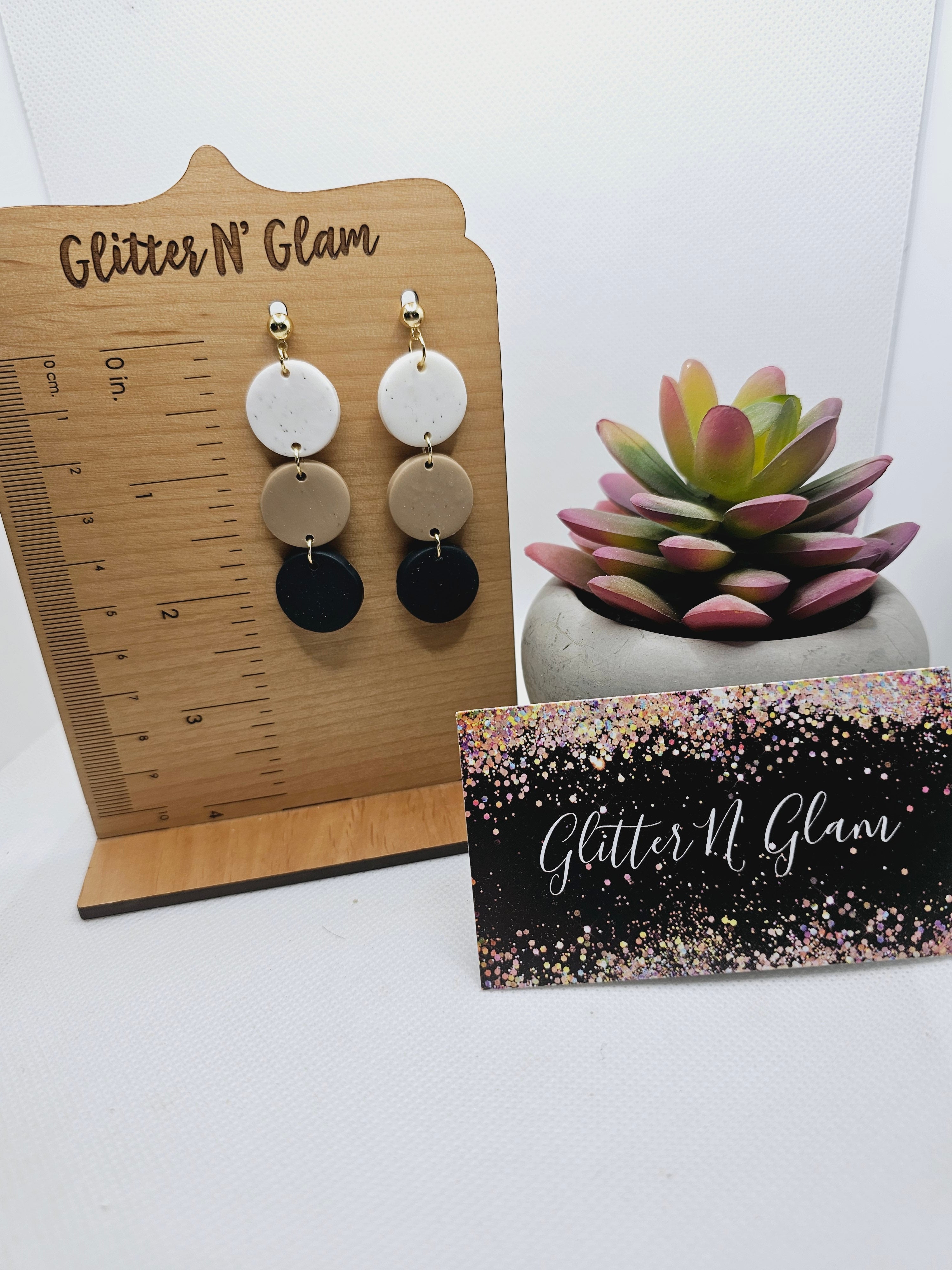 1910 Polymer Clay White/Tan/Navy Blue Dangle Earrings