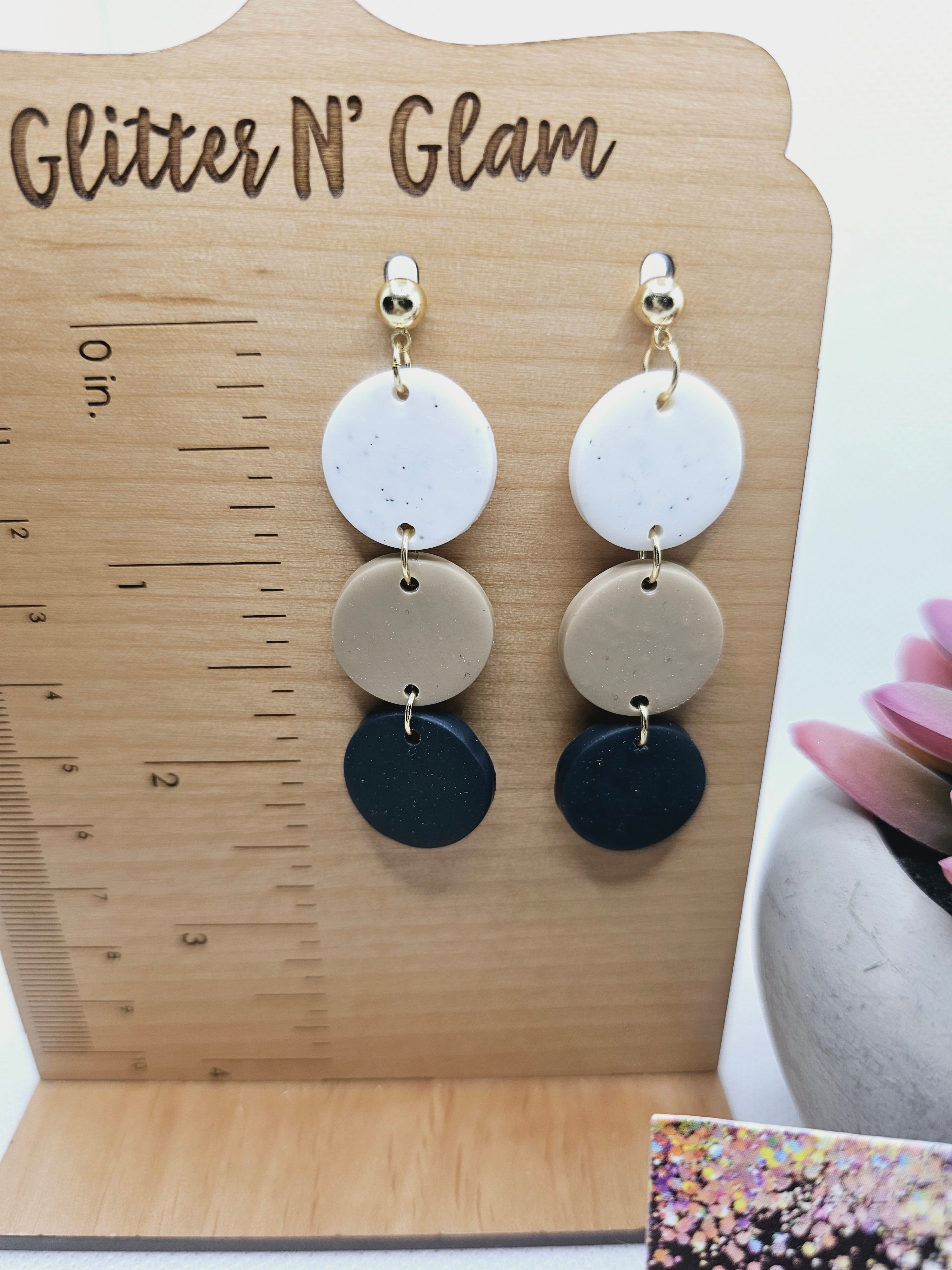 1910 Polymer Clay White/Tan/Navy Blue Dangle Earrings