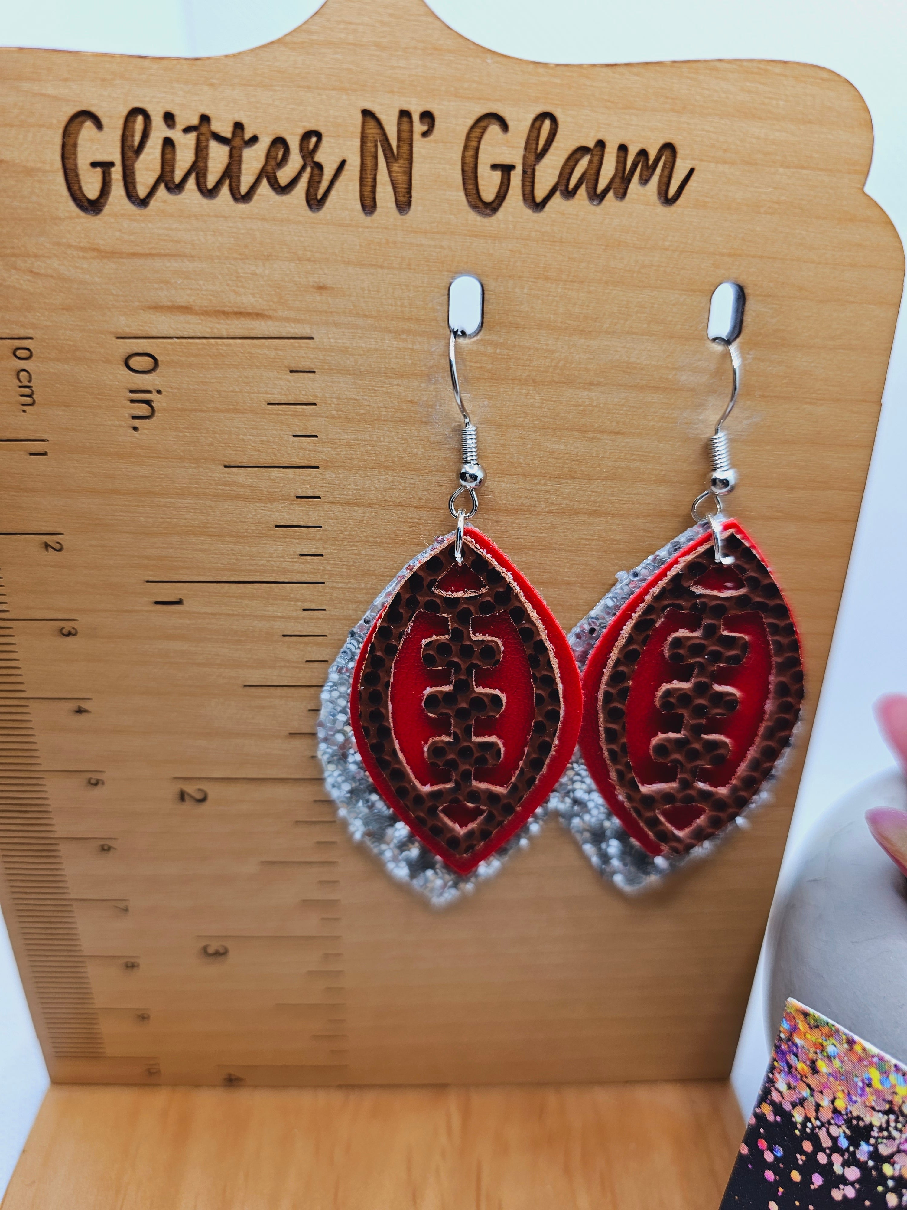 1949 Red and Silver Football Dangle Earrings