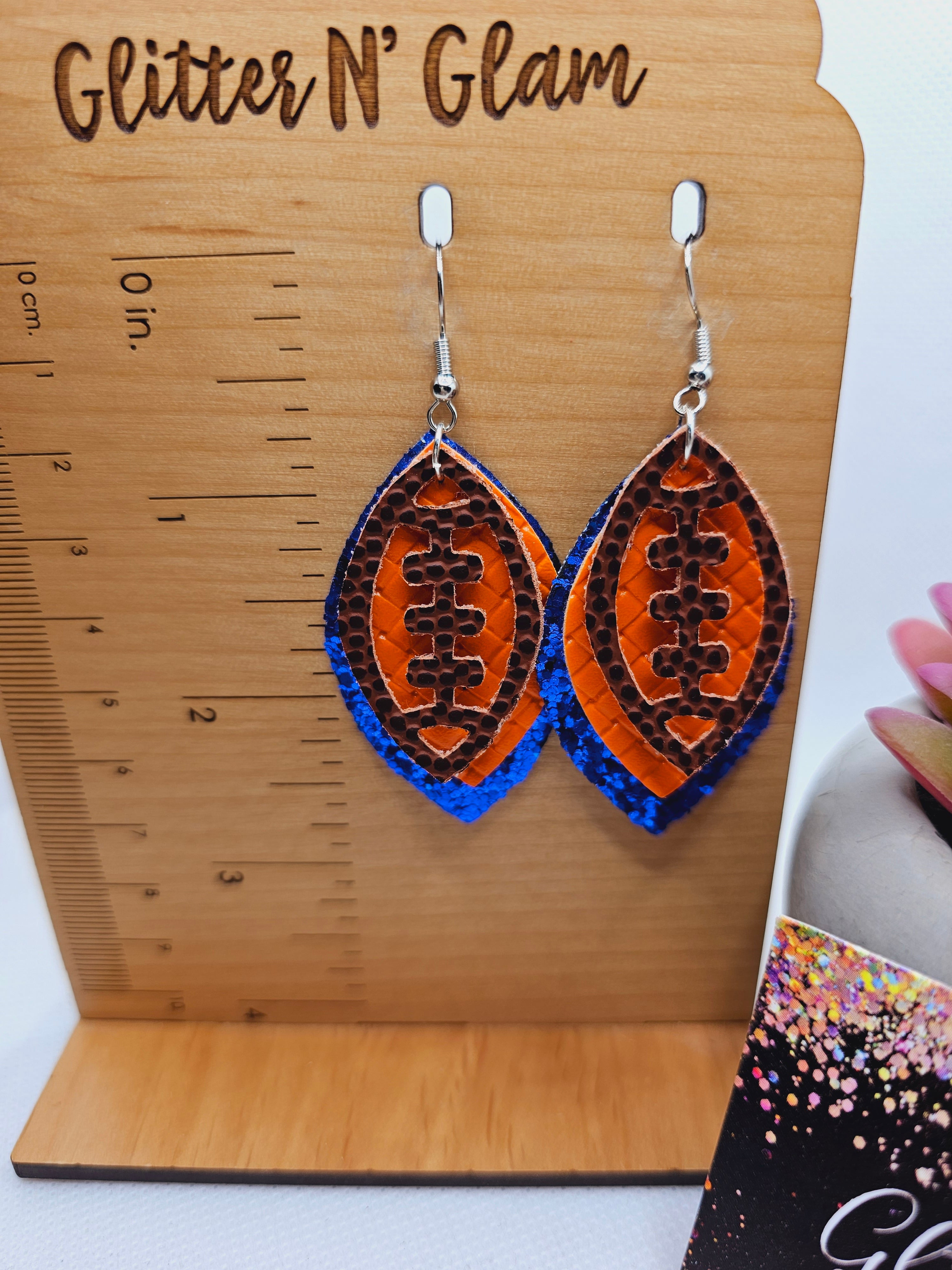 1950 Orange and Blue Football Dangle Earrings