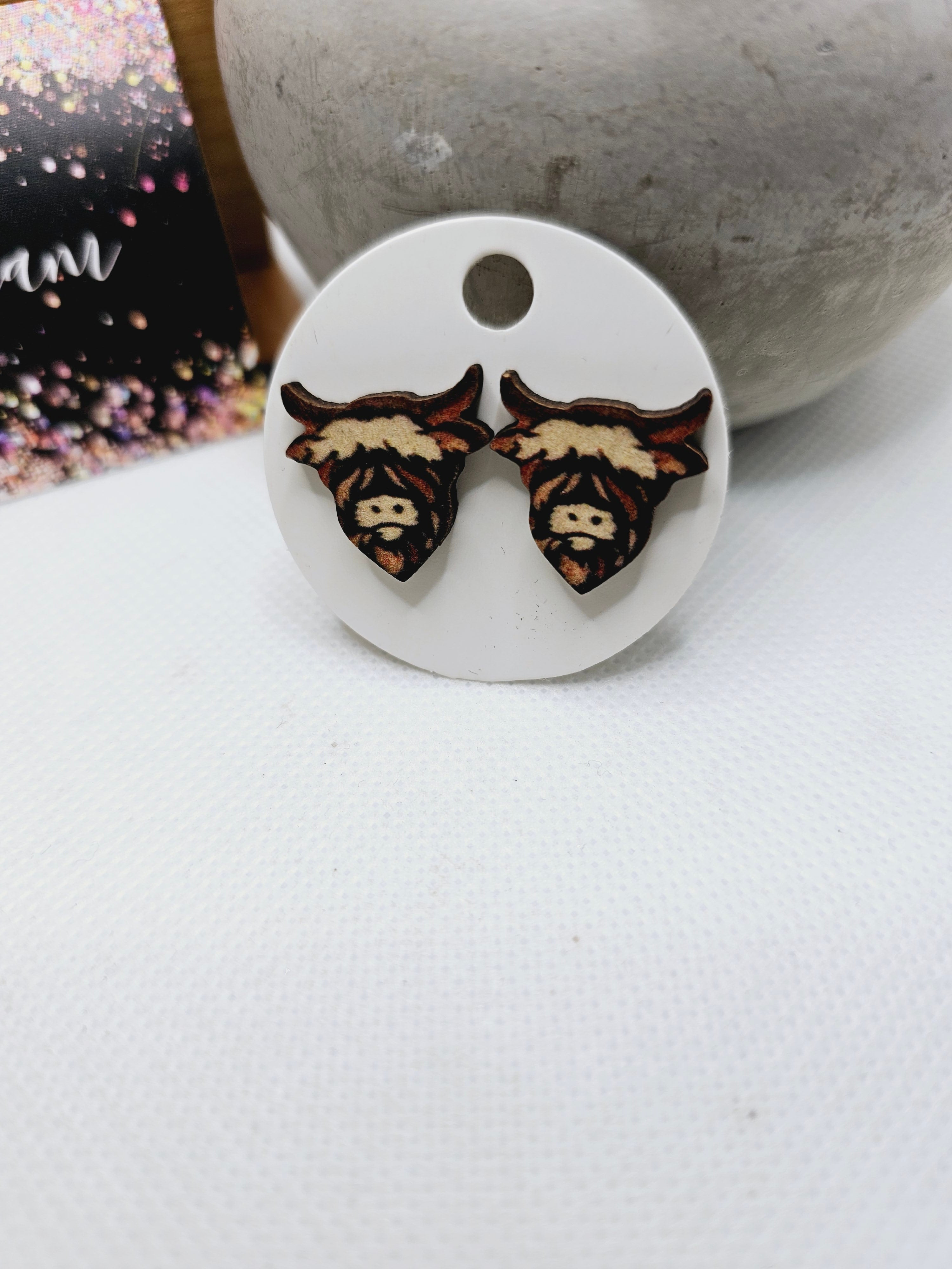 1963 Wood Highland Cow Stud Earrings