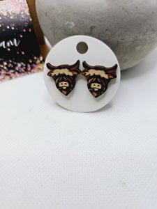 1963 Wood Highland Cow Stud Earrings