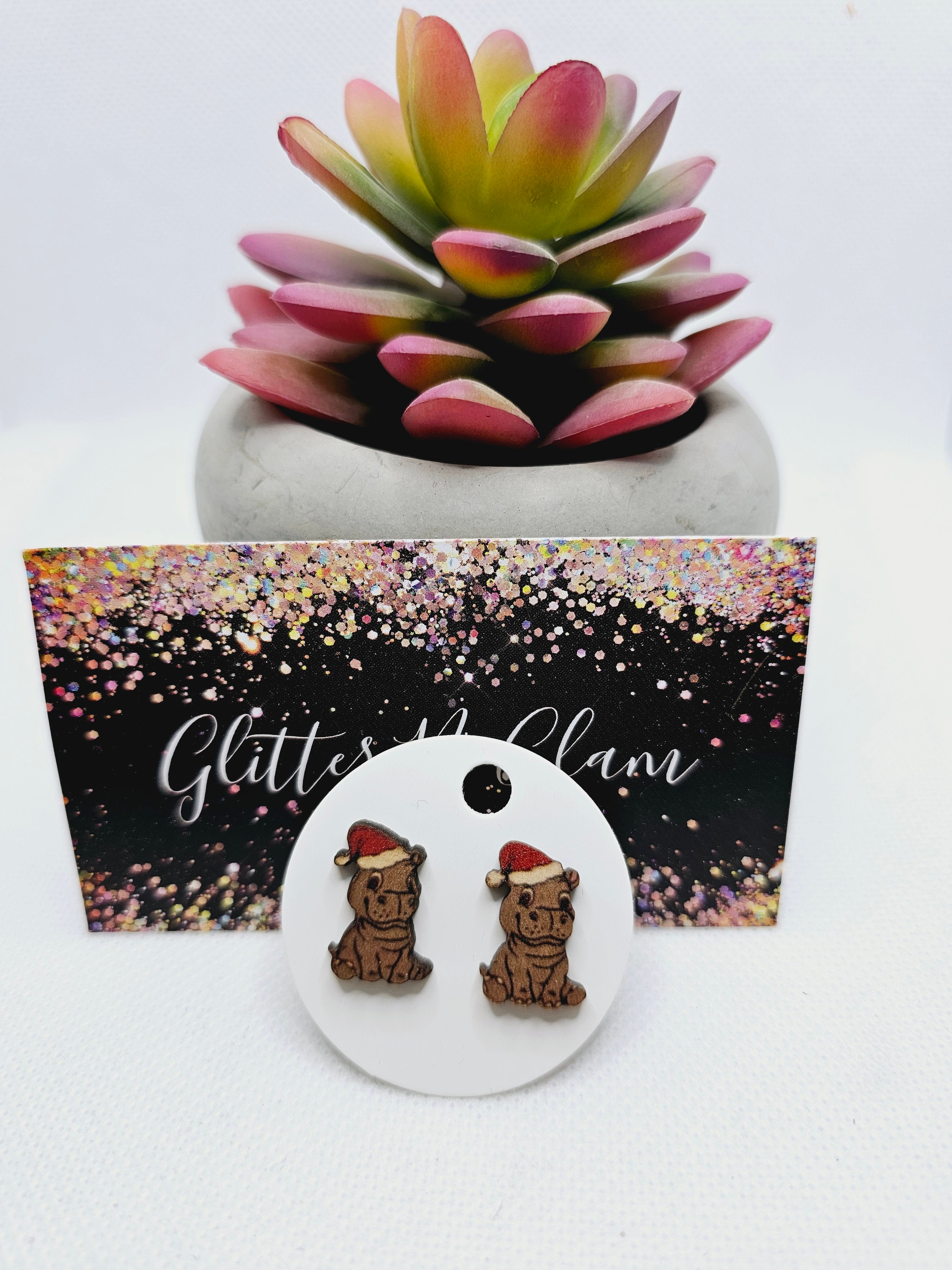 1974 Wooden Hippo Stud Earrings with Santa Hats