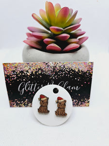 1974 Wooden Hippo Stud Earrings with Santa Hats