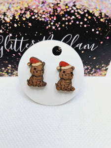 1974 Wooden Hippo Stud Earrings with Santa Hats