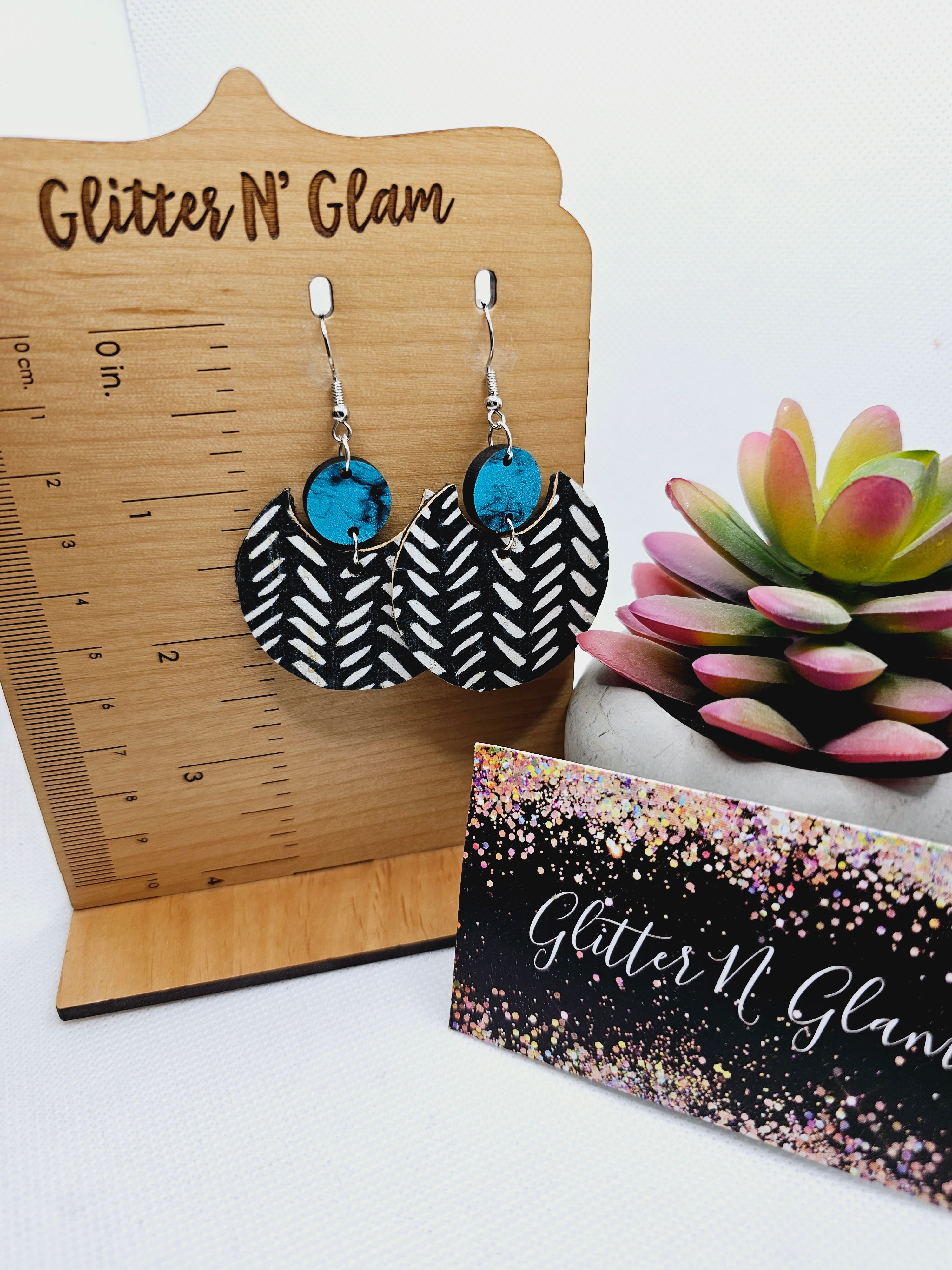 127 Black n White Semicircle Dangle Earrings with Teal Wood Accent