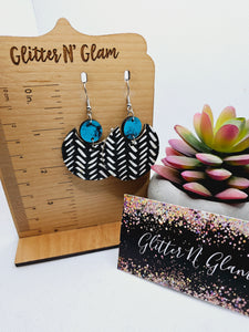 127 Black n White Semicircle Dangle Earrings with Teal Wood Accent