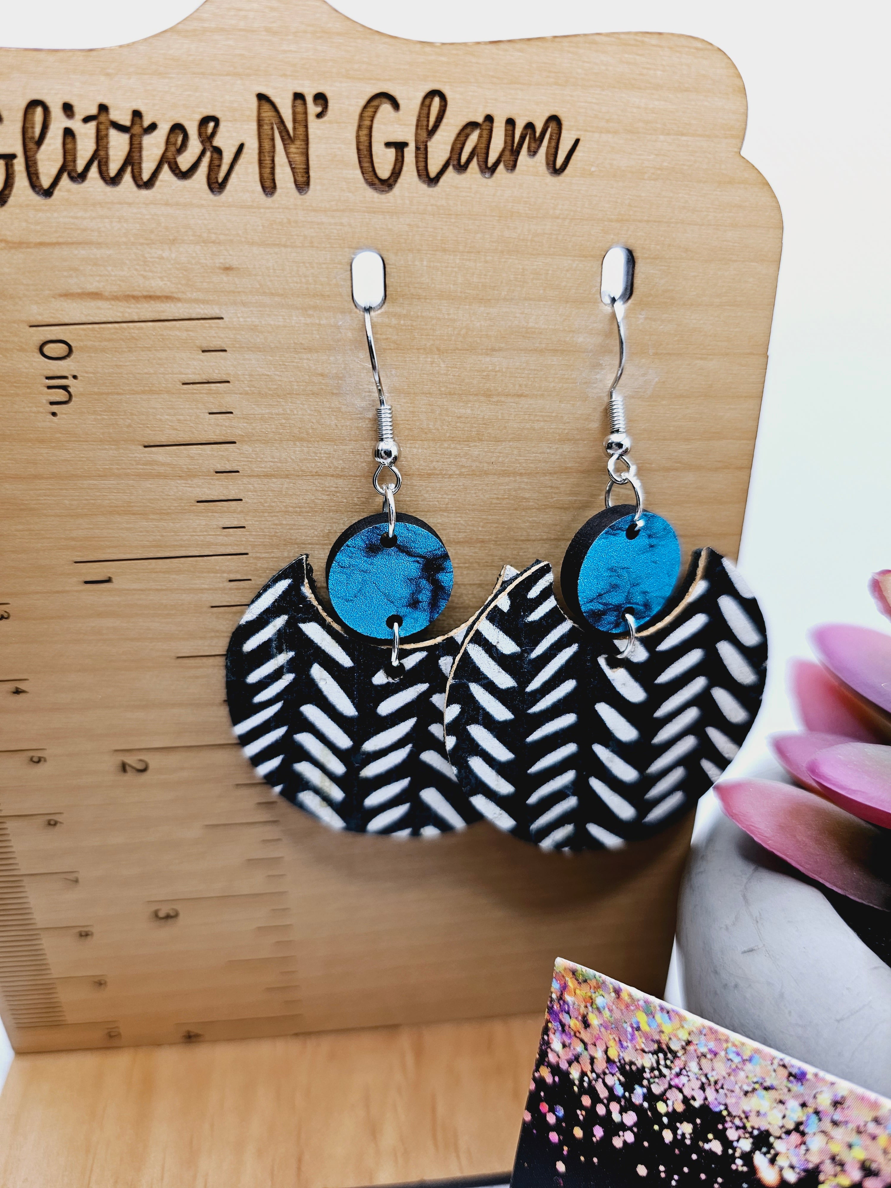127 Black n White Semicircle Dangle Earrings with Teal Wood Accent