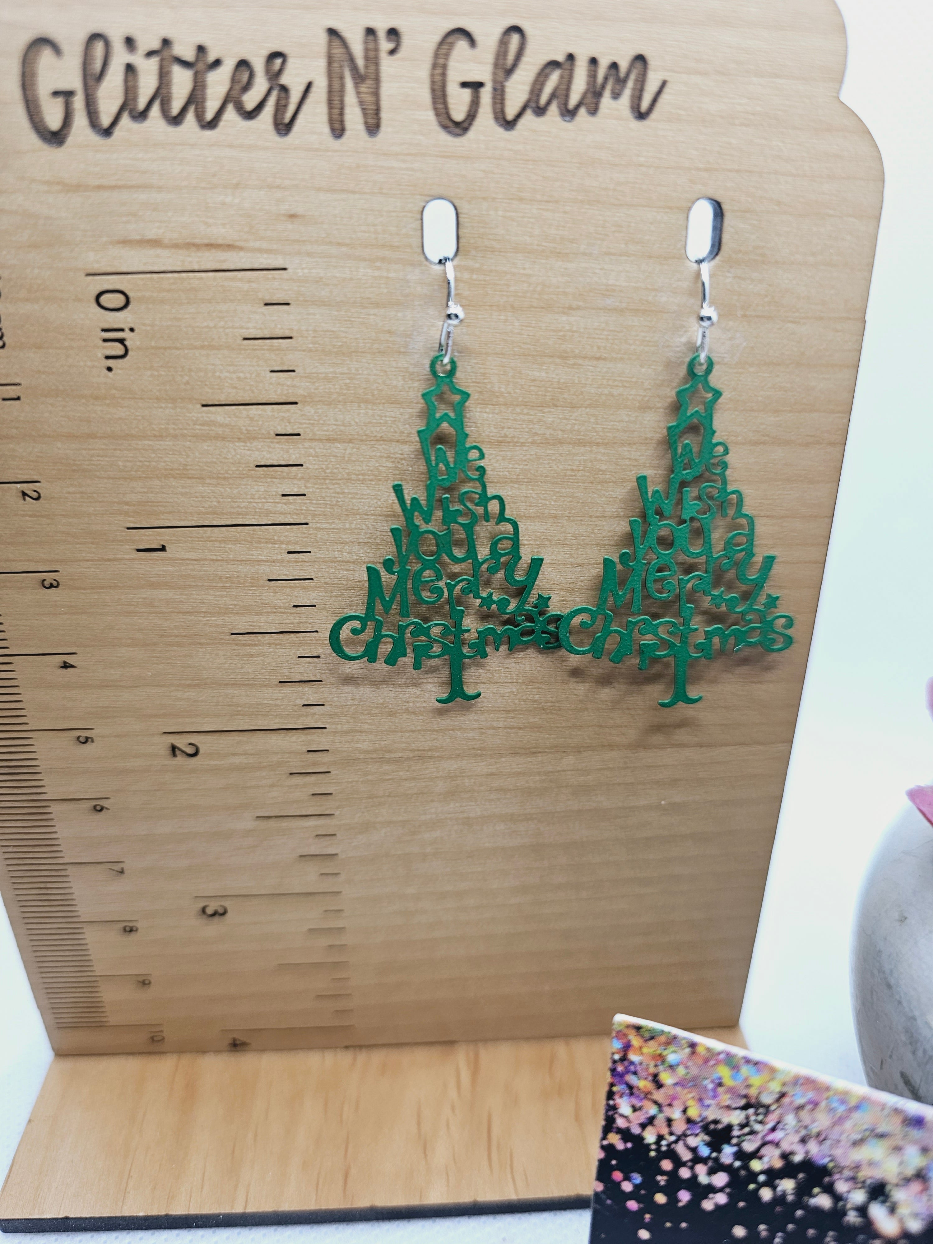 1999 "We Wish You A Merry Christmas" Green Tree Dangle Earrings
