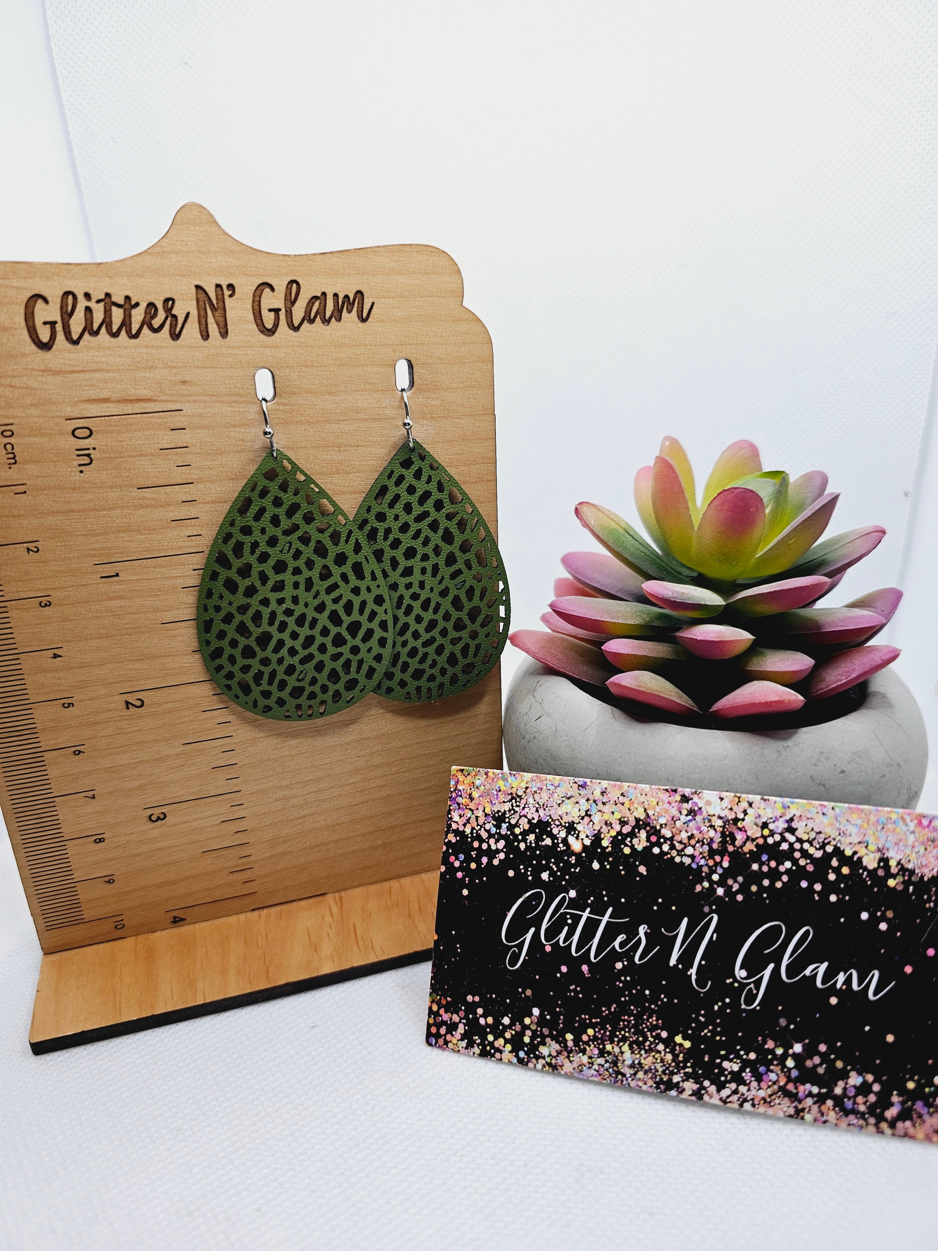 2015 Olive Green Perforated Leather Earrings