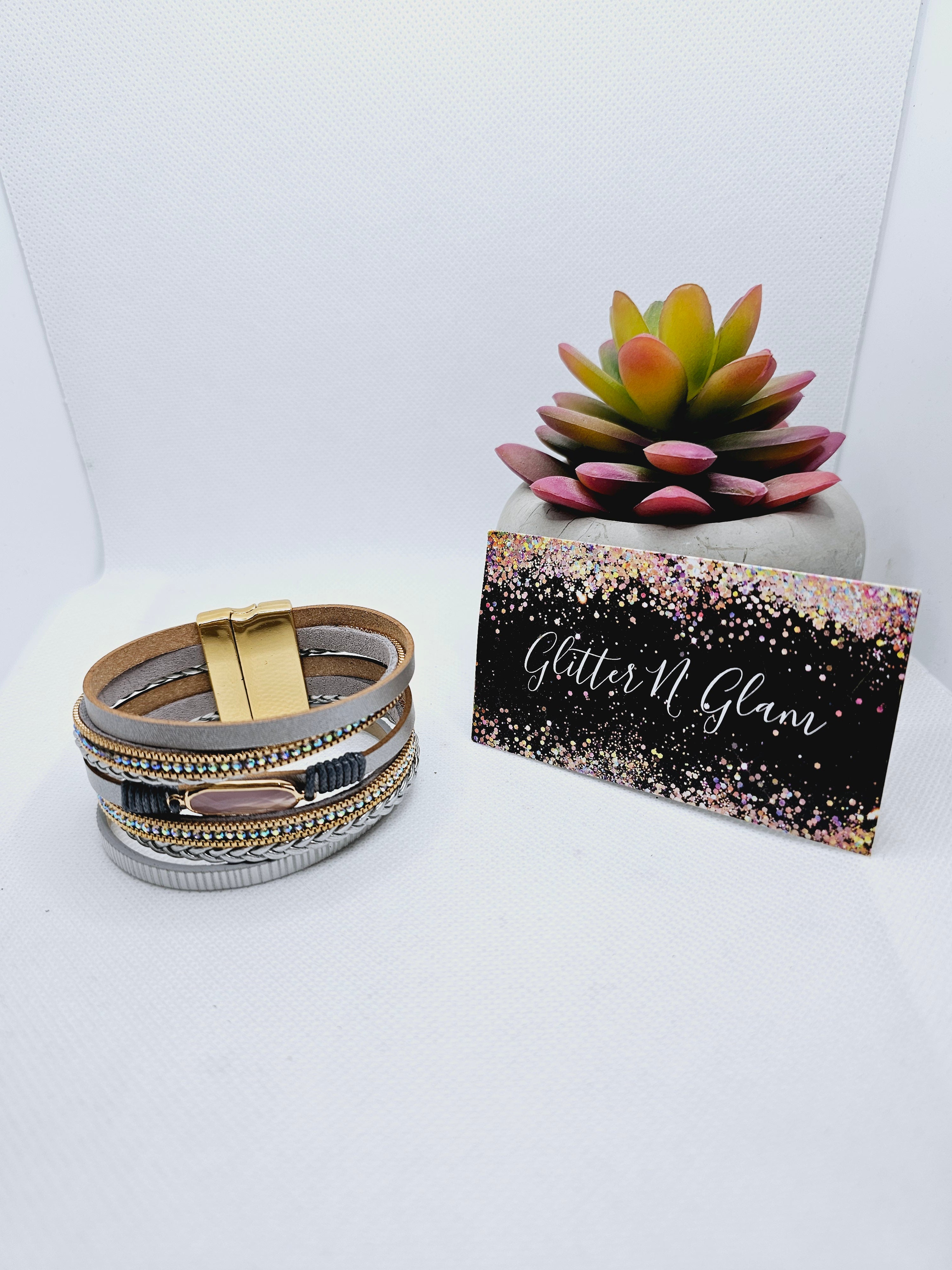 2094 Gray/Pink Leather Wrap Bracelet