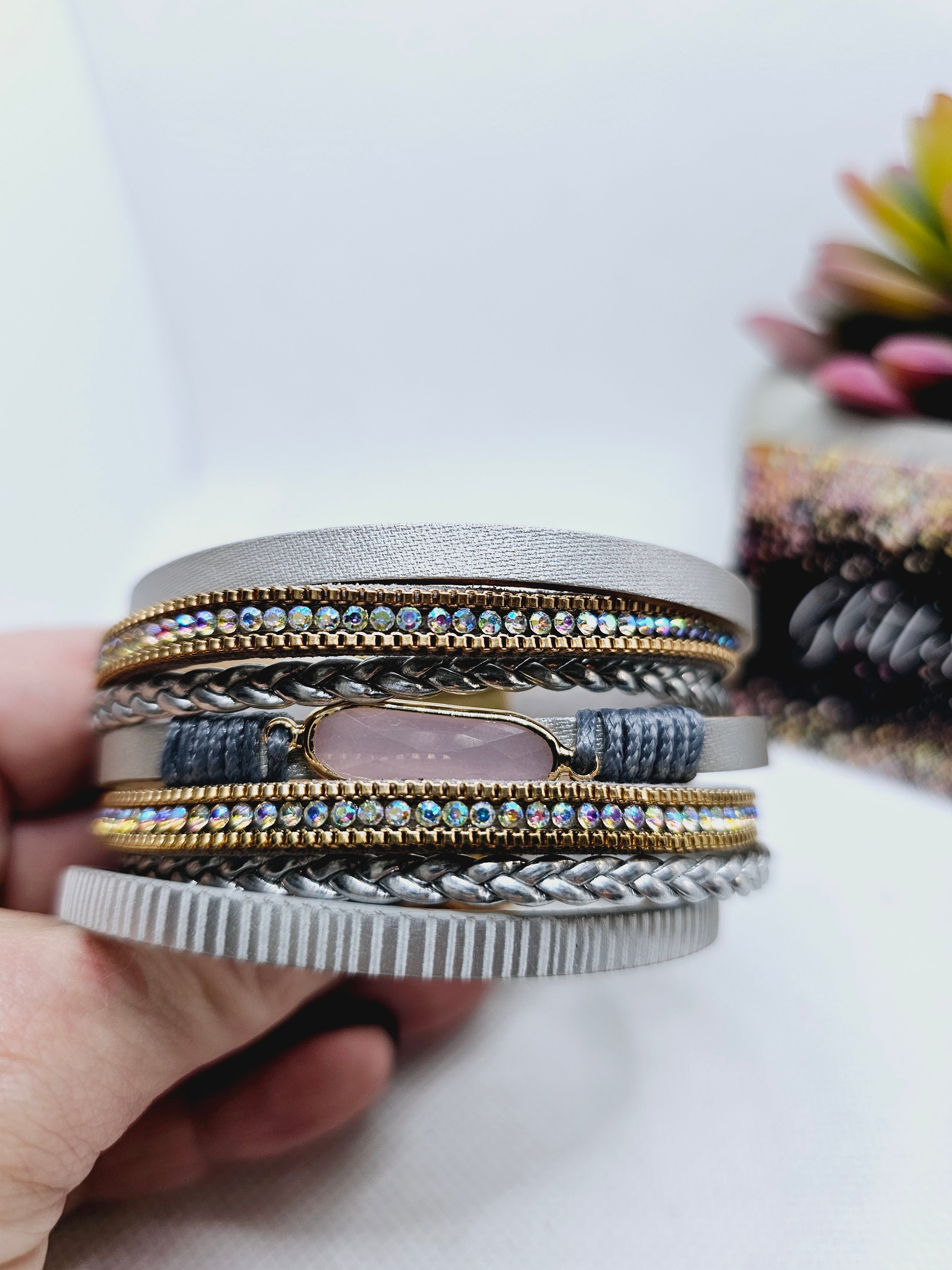 2094 Gray/Pink Leather Wrap Bracelet