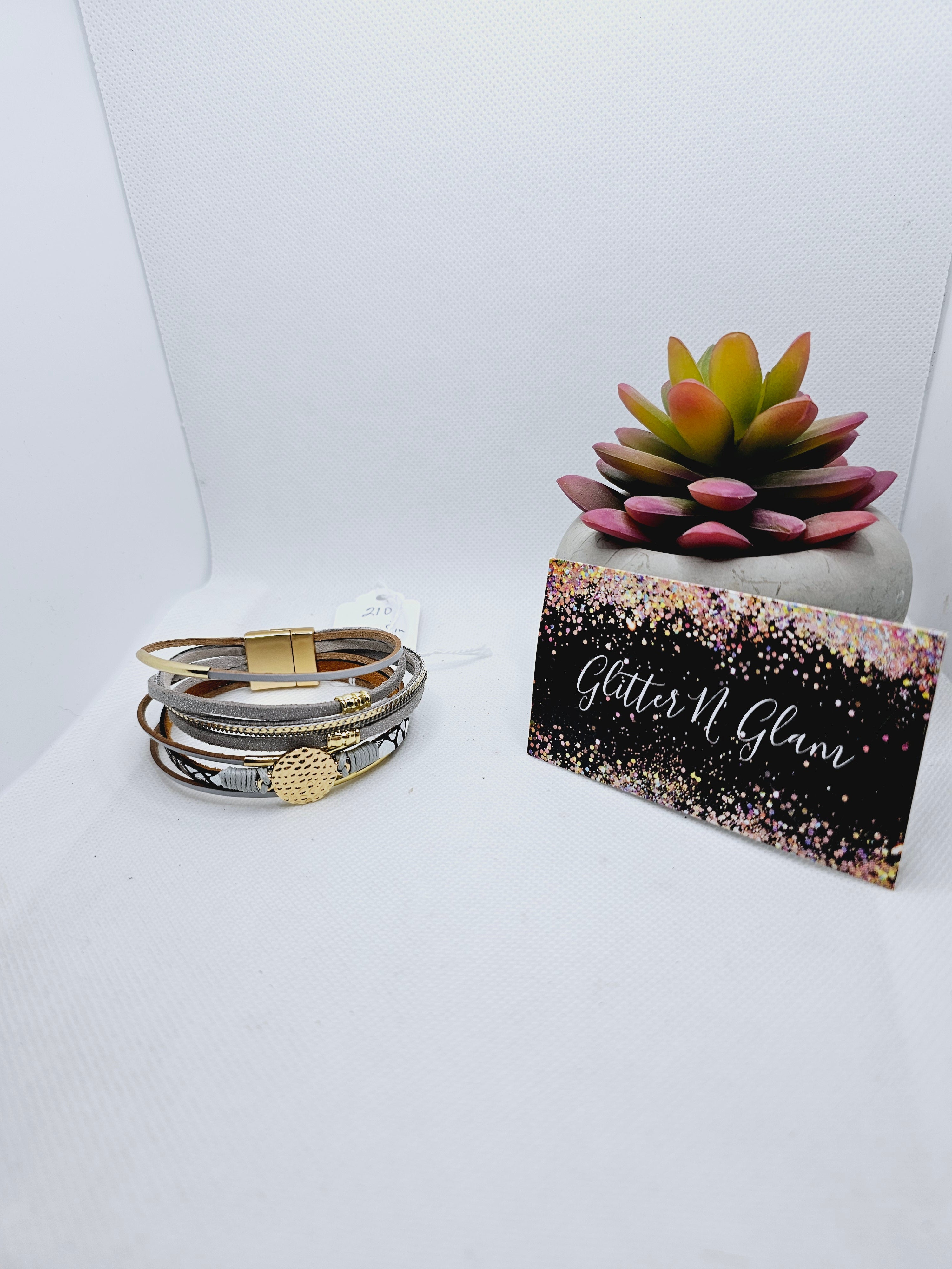 2101 Gray/Gold with Animal Print Leather Bracelet