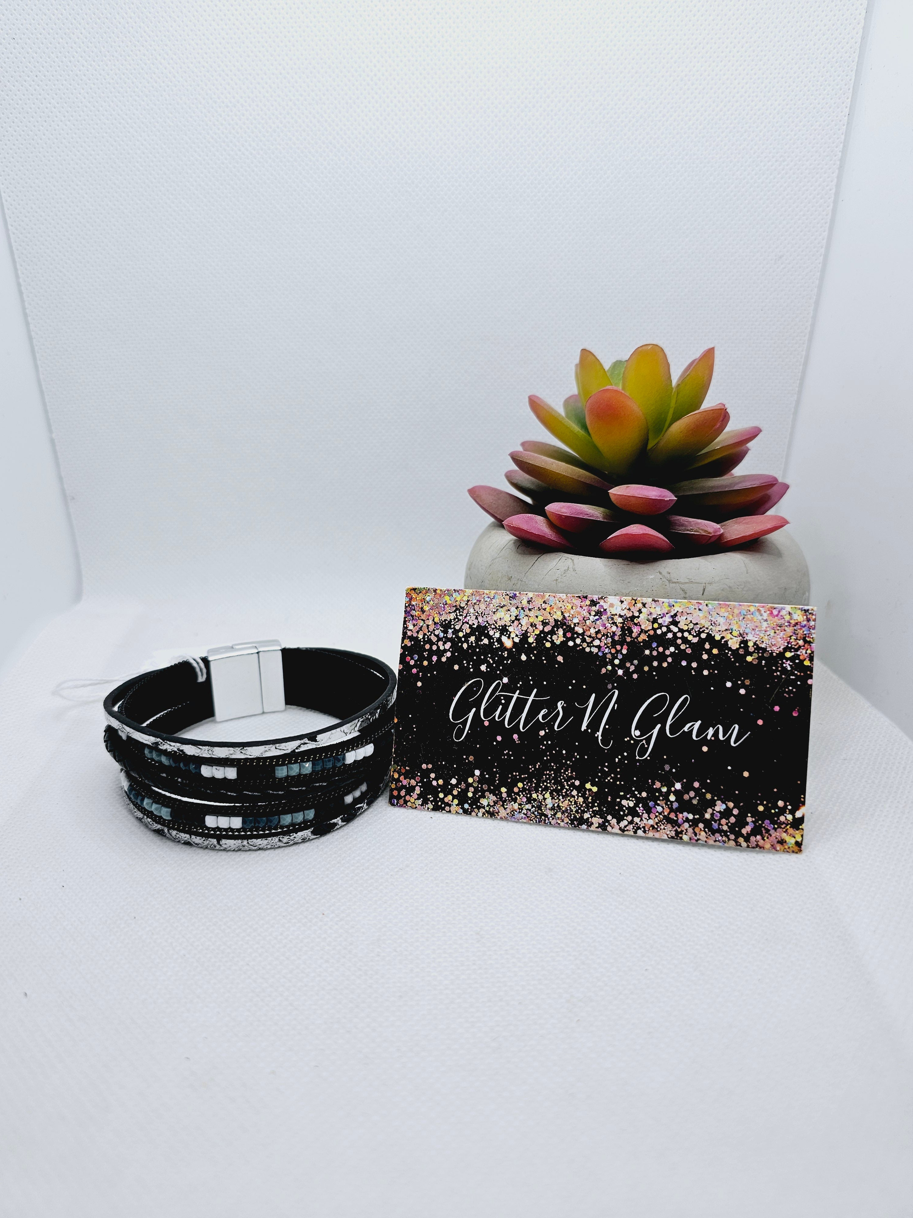 2086 Black/Blue Leather Wrap Bracelet