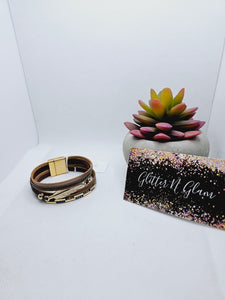 2091 Brown/Gold with Leaf Leather Wrap Bracelet