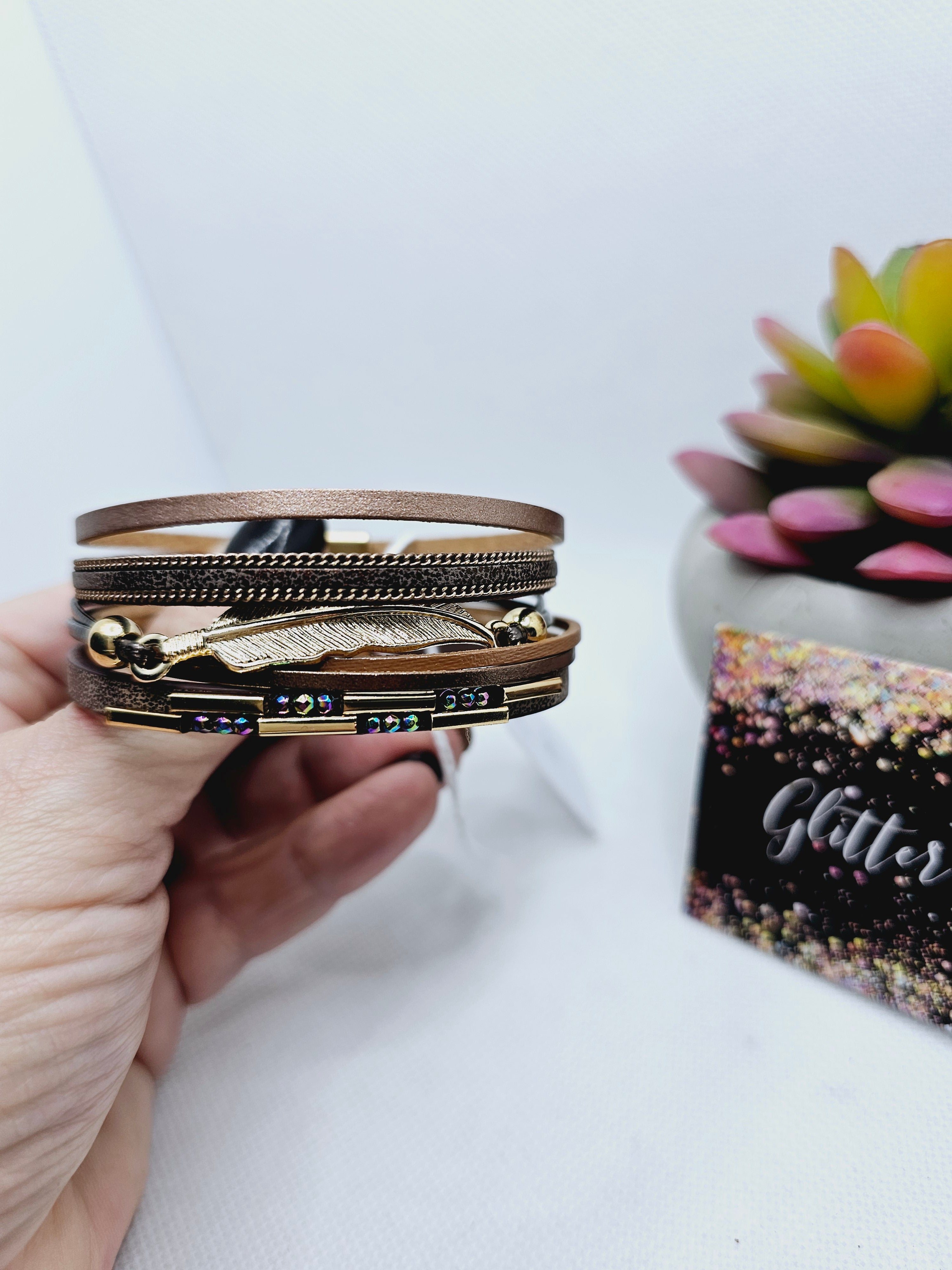 2091 Brown/Gold with Leaf Leather Wrap Bracelet