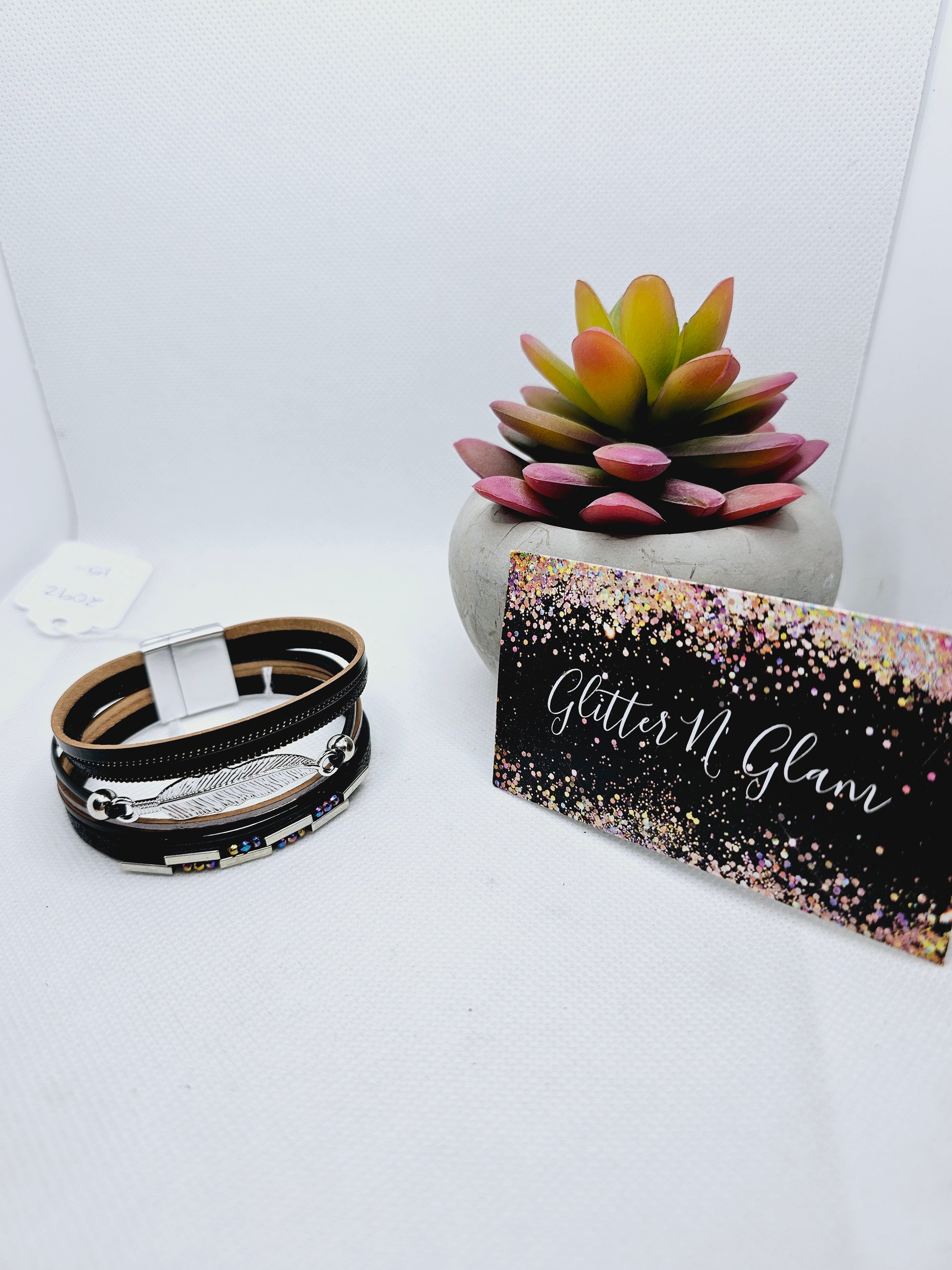 2092 Black/Silver with Feather Leather Wrap Bracelet