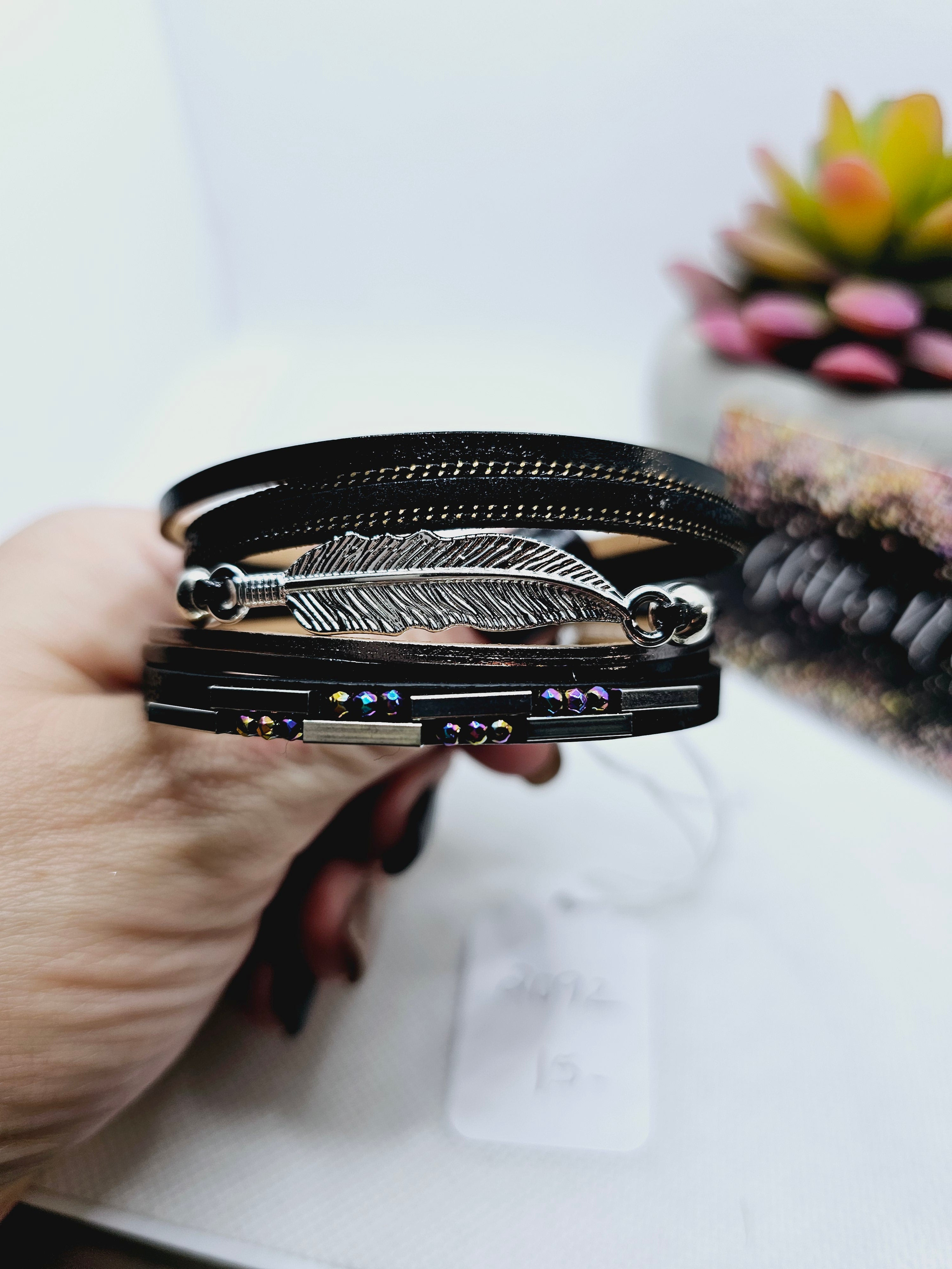 2092 Black/Silver with Feather Leather Wrap Bracelet