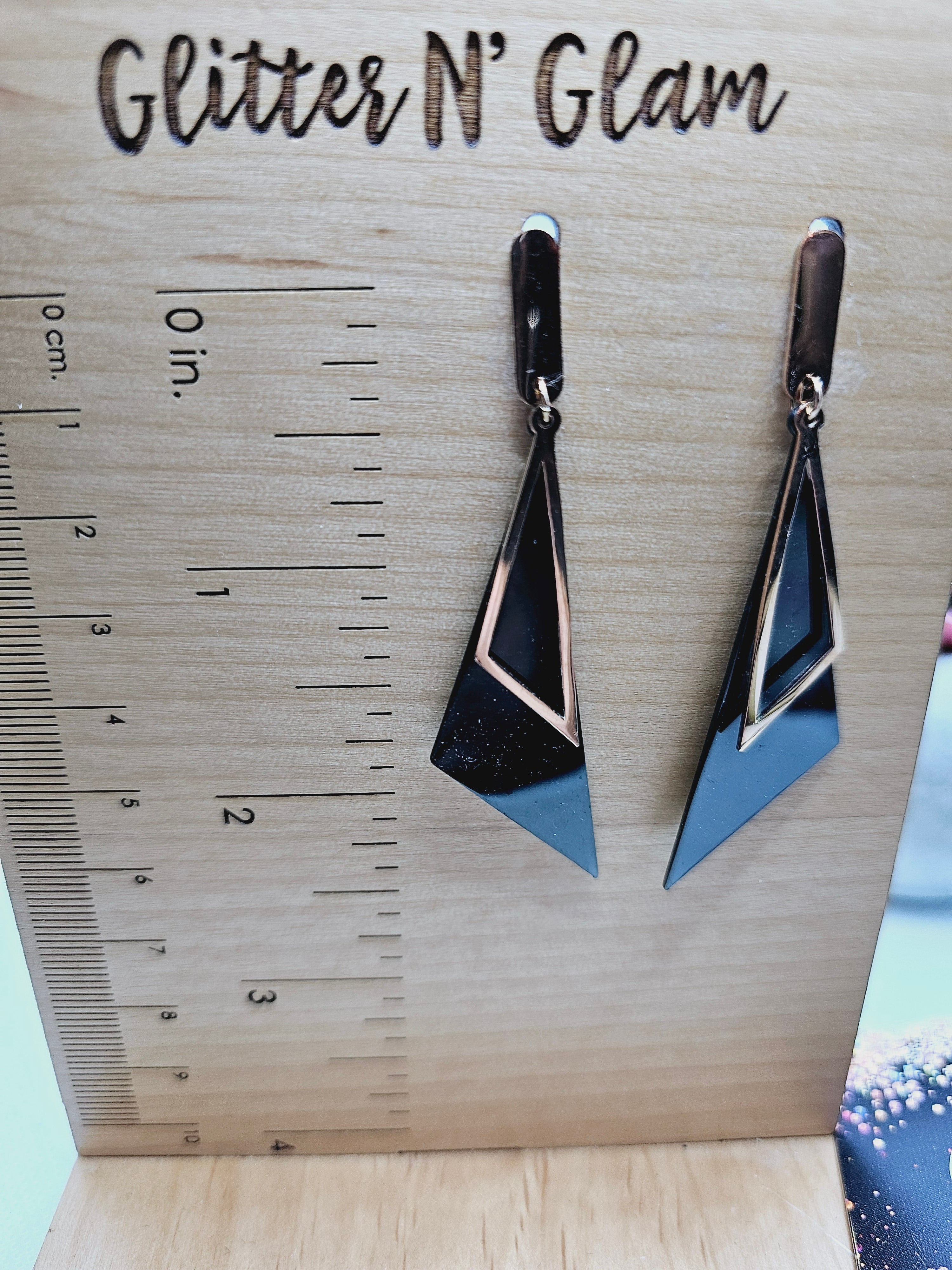 2044 Black and Rosegold Triangle Dangle Earrings