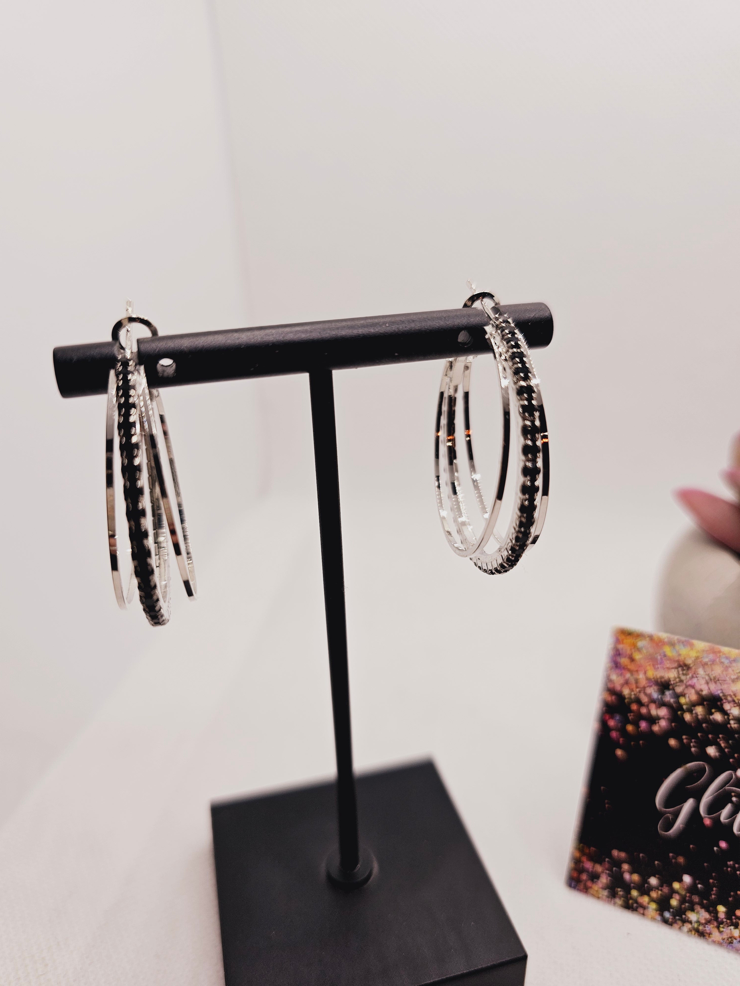 2036 Silver Hoops with Black Rhinstones in the Middle Hoop Earrings