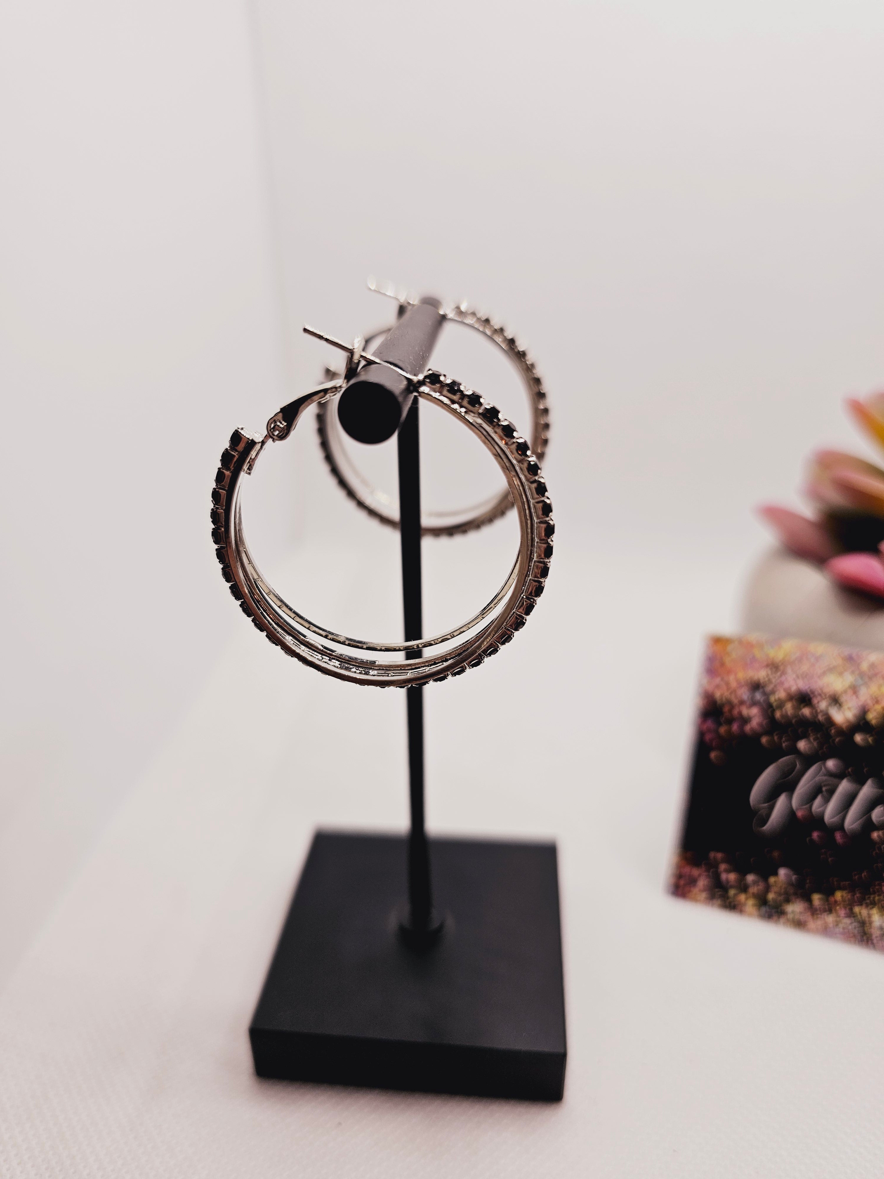 2036 Silver Hoops with Black Rhinstones in the Middle Hoop Earrings