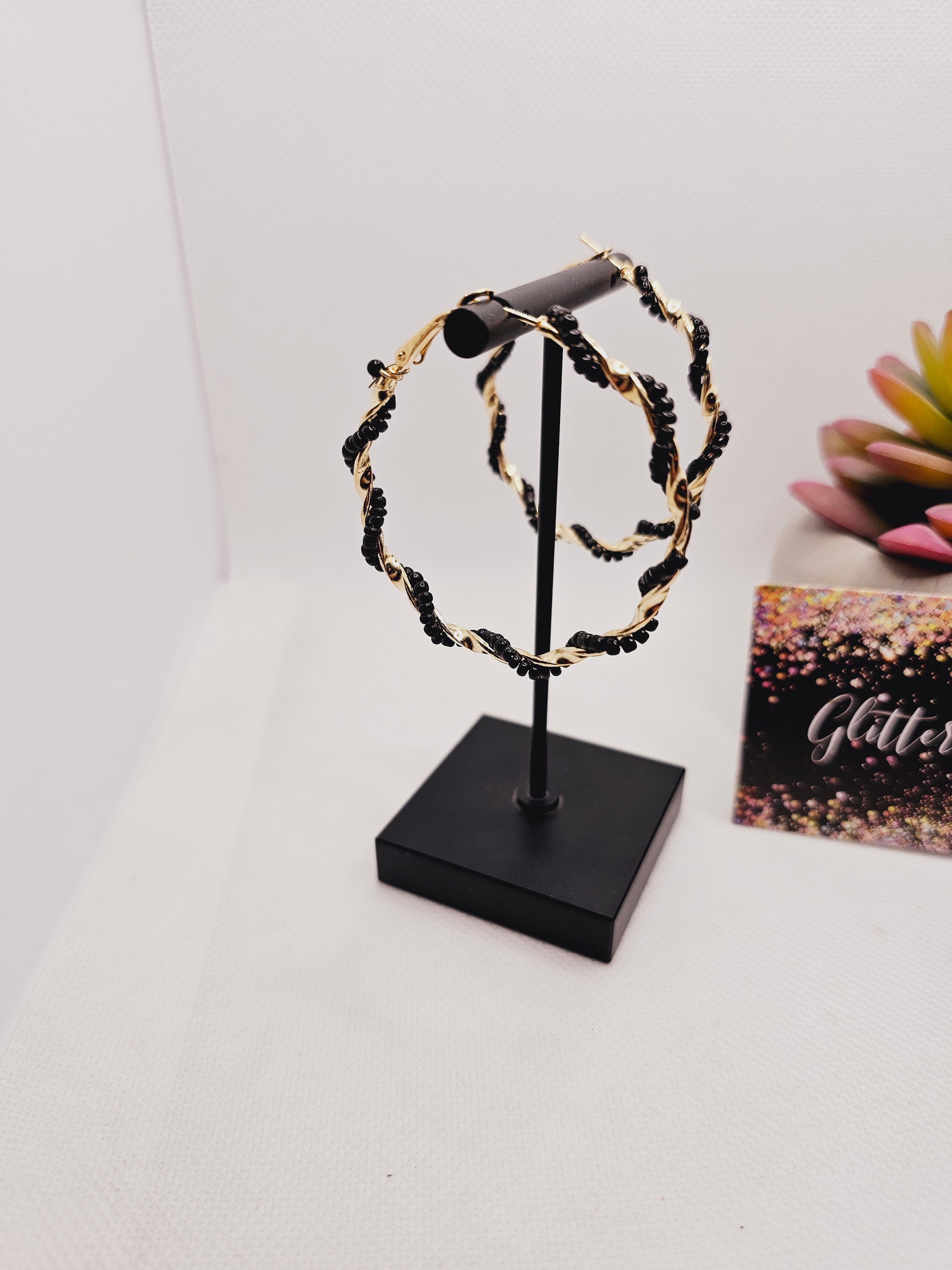 2054 Gold Hoops with Black Beads Hoop Earrings