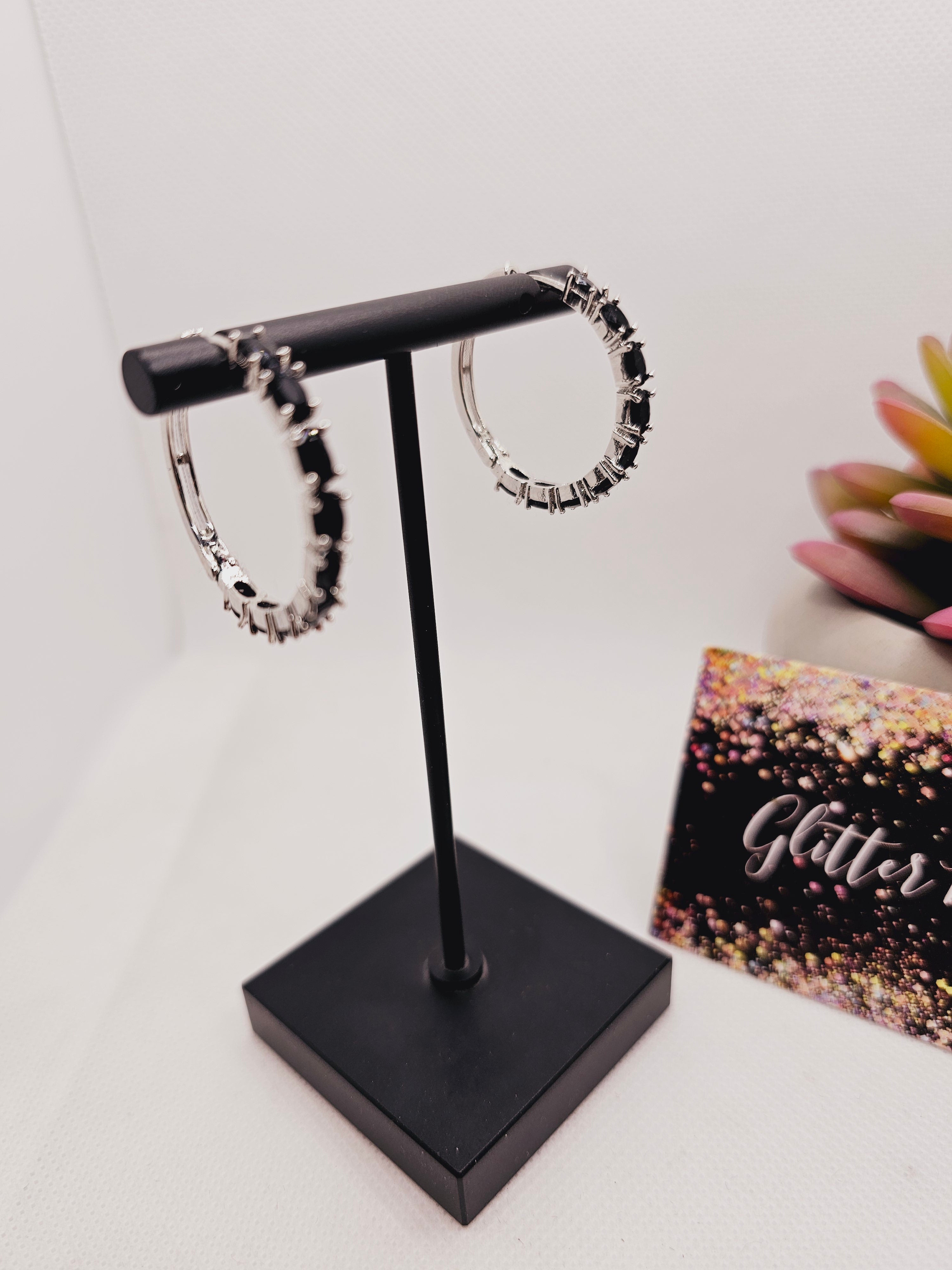 2049 Silver Hoops with Black Rhinstones