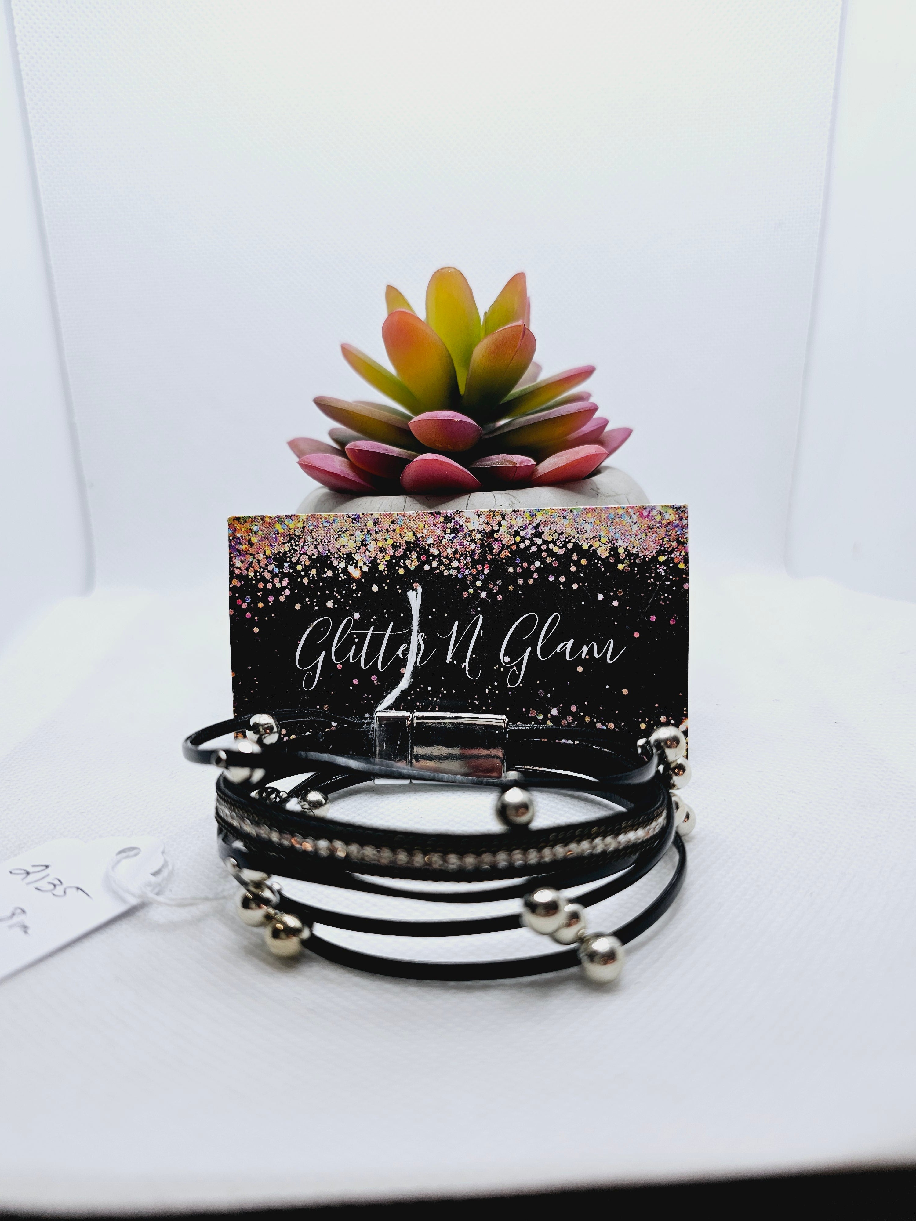 2135 Black/Silver Bling Leather Wrap Bracelet