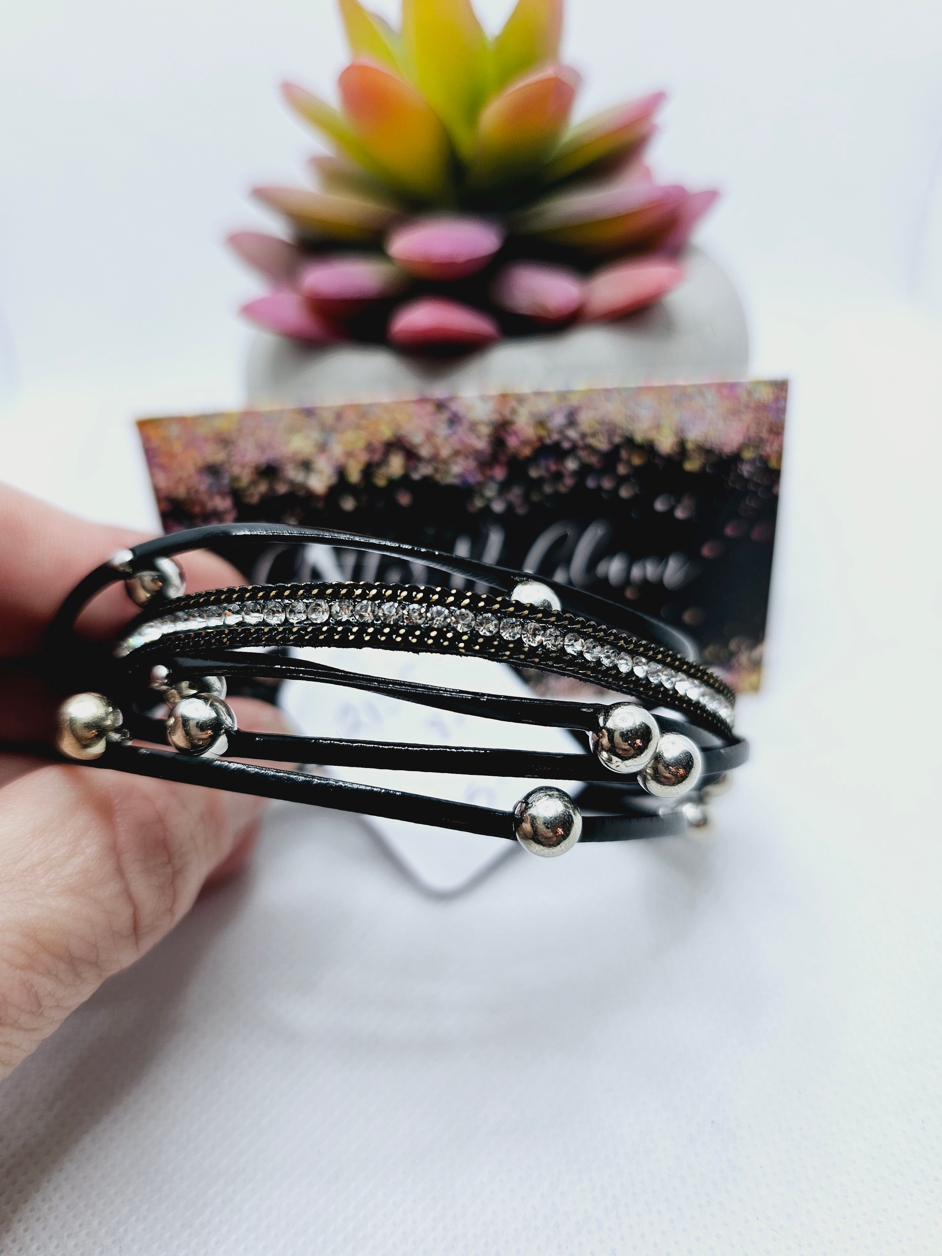 2135 Black/Silver Bling Leather Wrap Bracelet