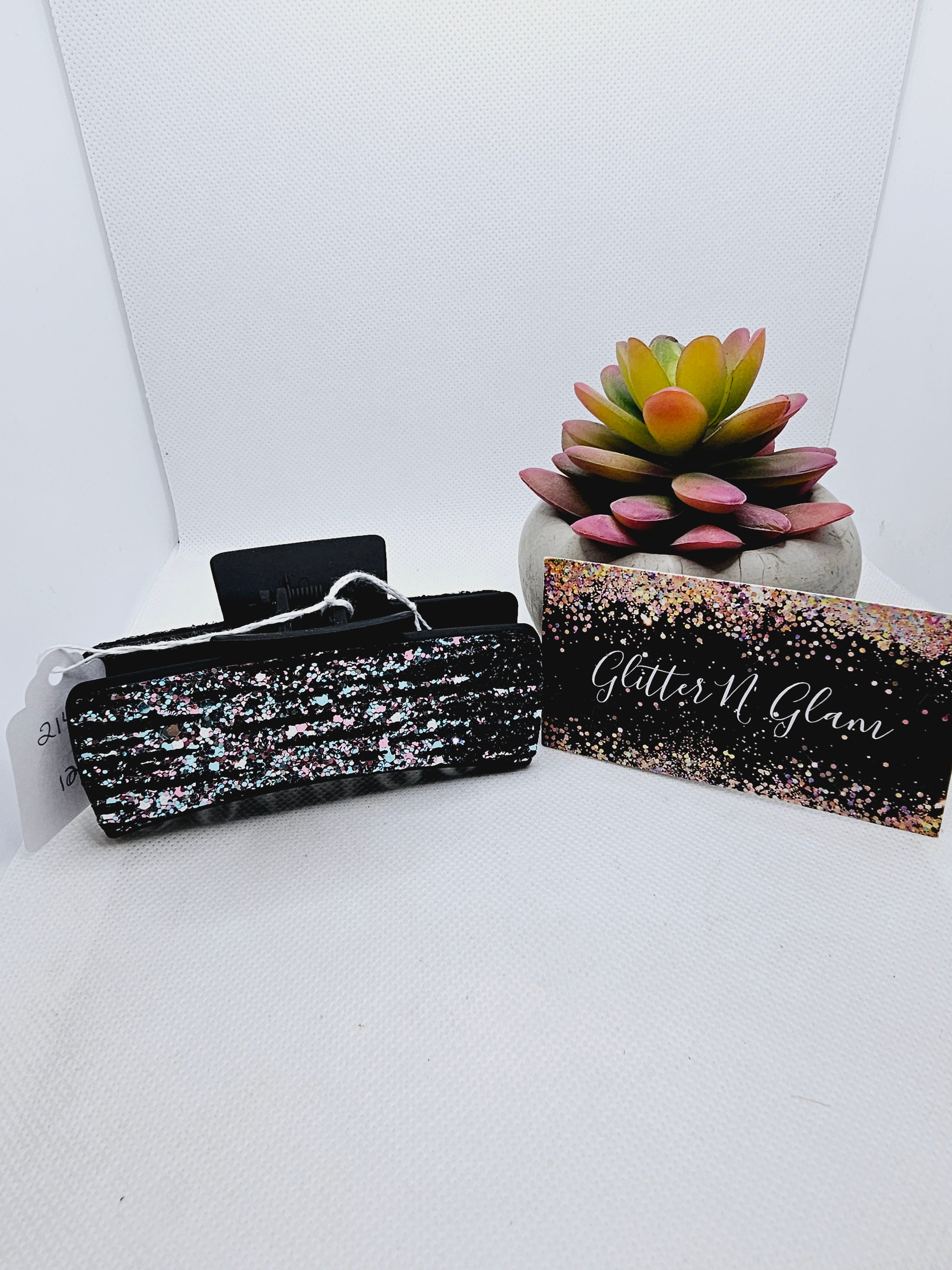 2145 Pink/Teal/Black Sparkles Leather Claw Clip