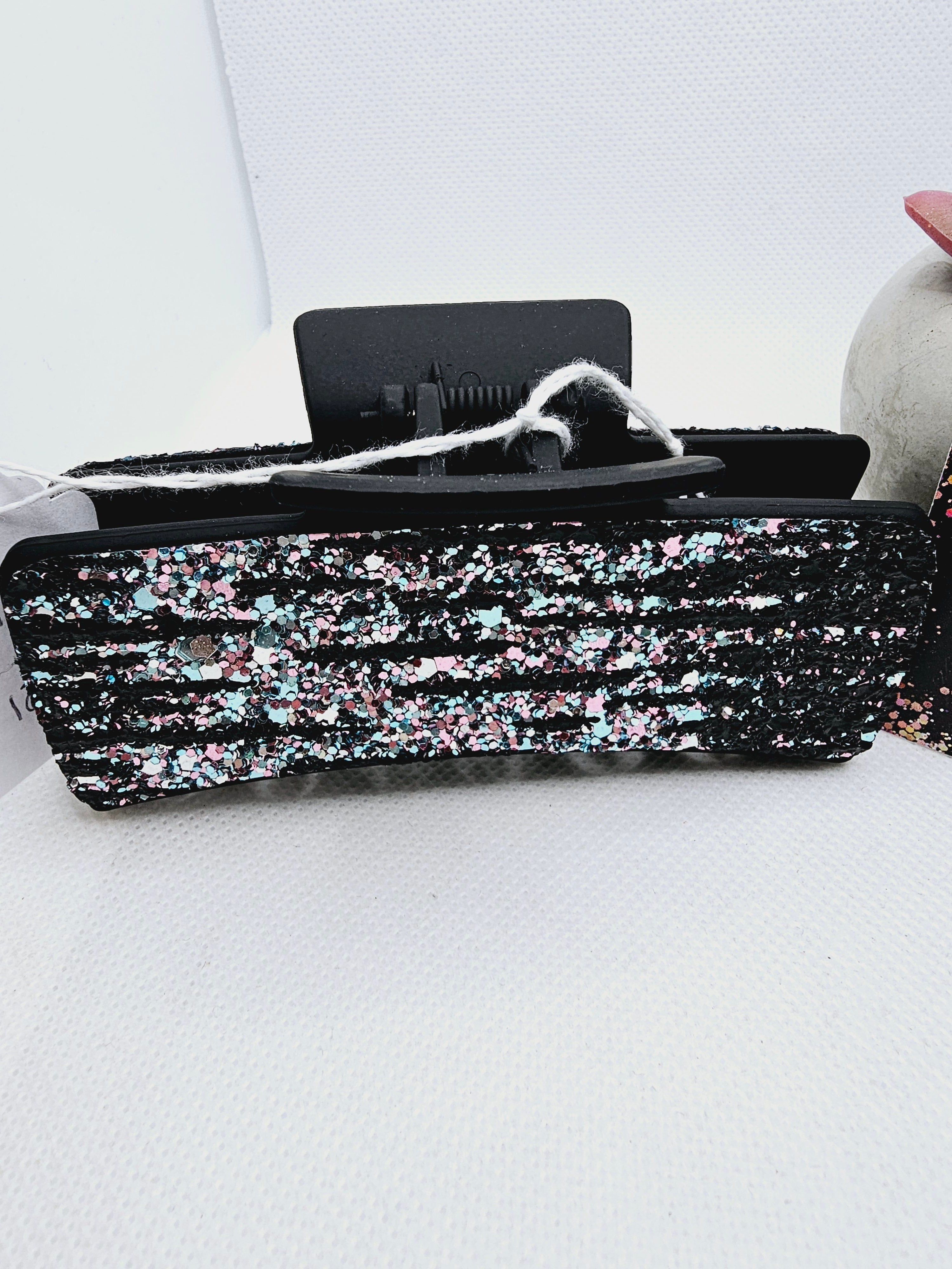 2145 Pink/Teal/Black Sparkles Leather Claw Clip