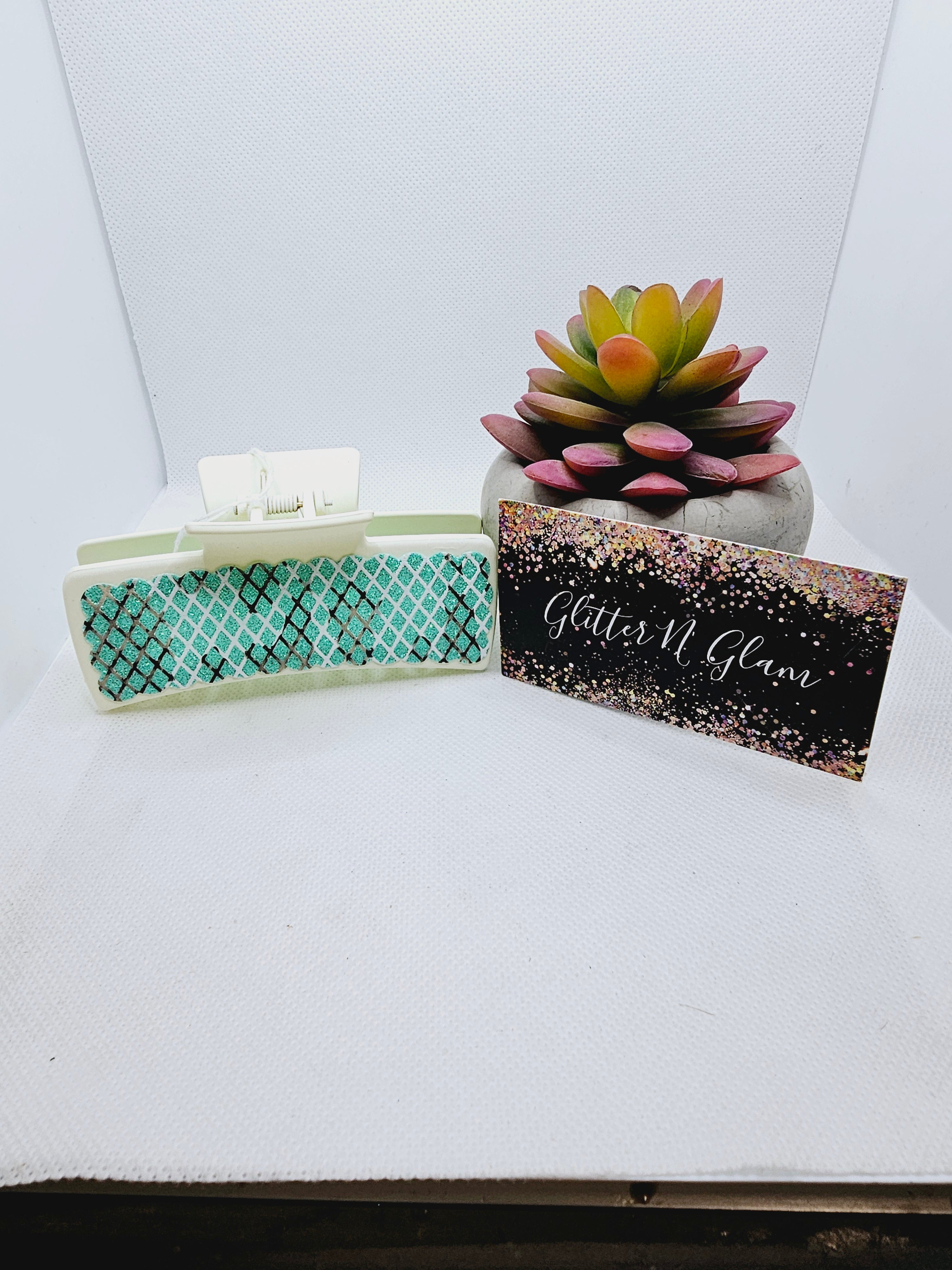 2172 Teal/Black/White Lace Leather Claw Clip